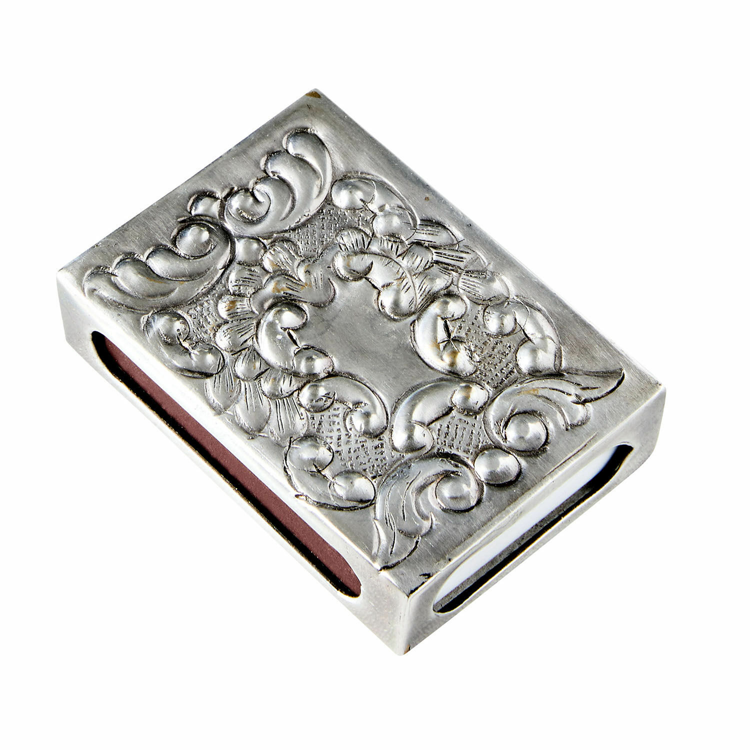 Etui voor luciferdoosje Lytham Zilverkleurige metalen aansteker met decoratief reliëf en rode ontstekingsstrip