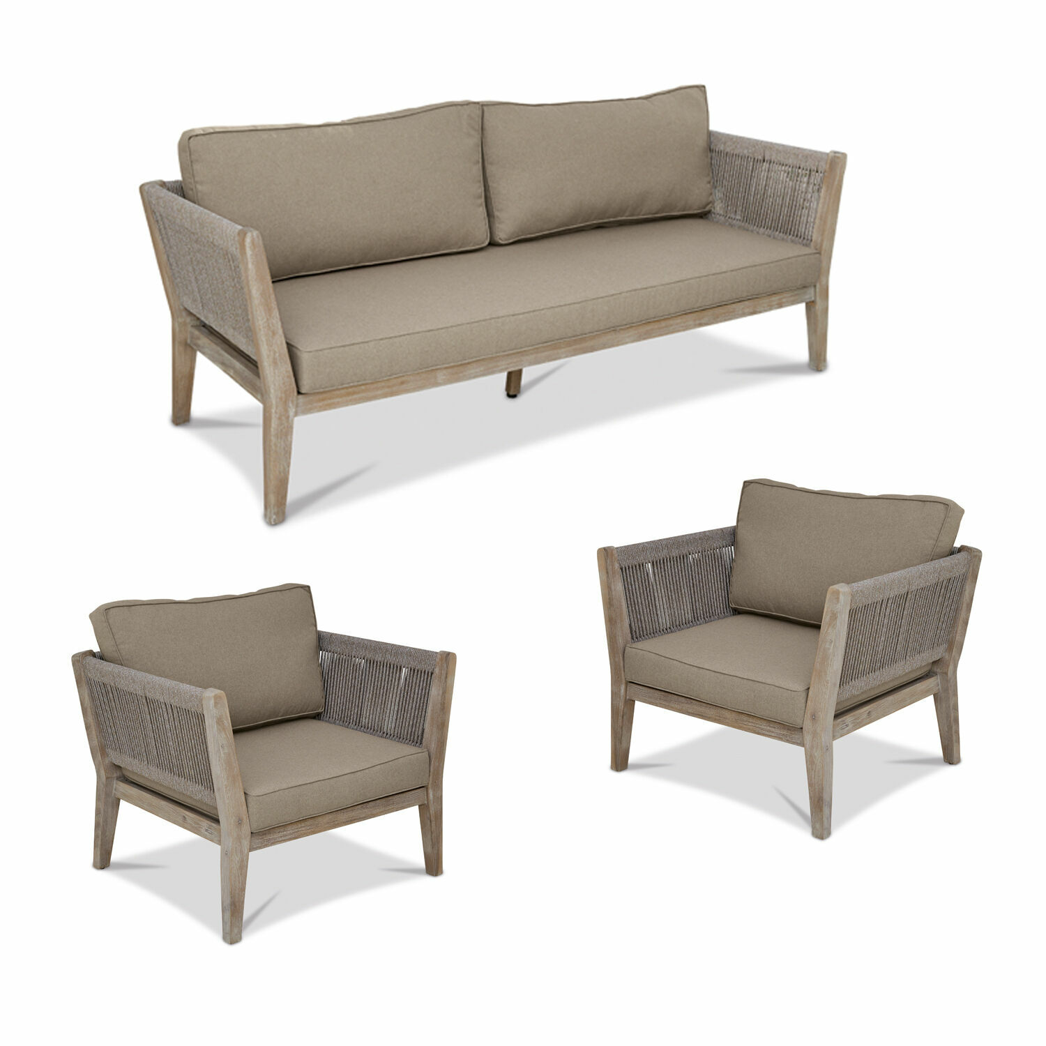Tuinset FSC®-100% Biarritz Tuinmeubelset met beige kussens en houten frame met gevlochten zijkanten