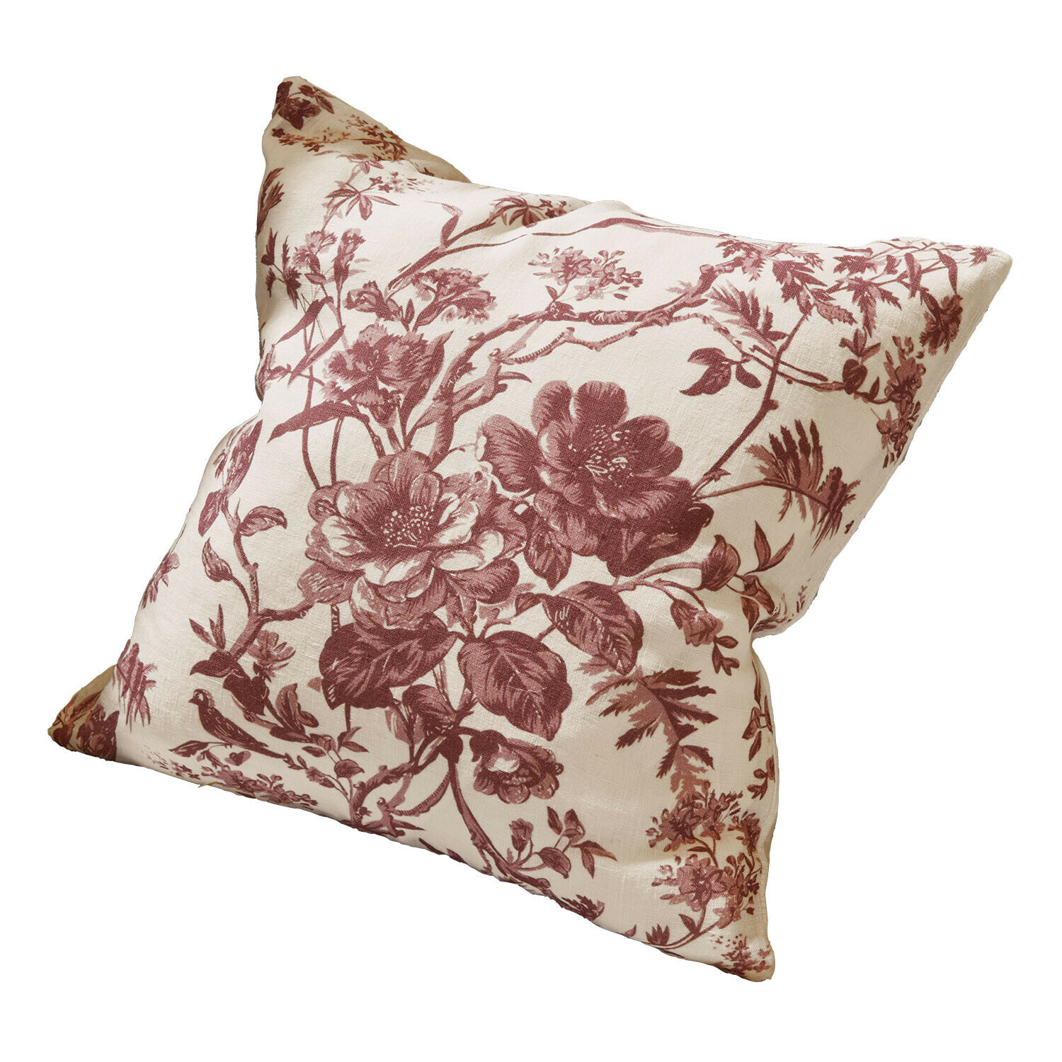 Kussenhoes Rosanique Decoratief katoenen kussen in crème met bordeaux bloemenpatroon voor woonkamer