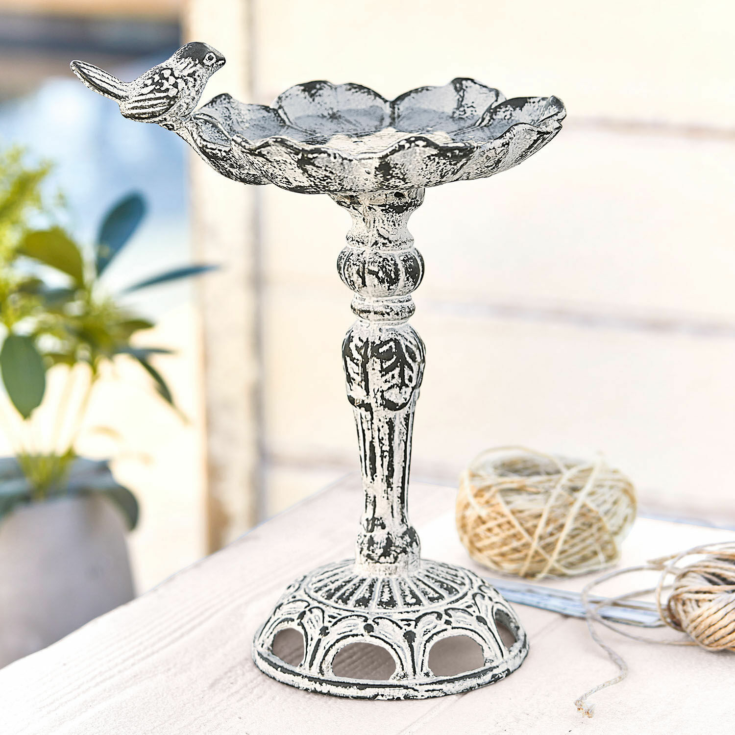 Vogeldrinkschaal Petrofani Witte metalen decoratieve schaal met vogel, sierlijke kom op voet voor huis en tuin