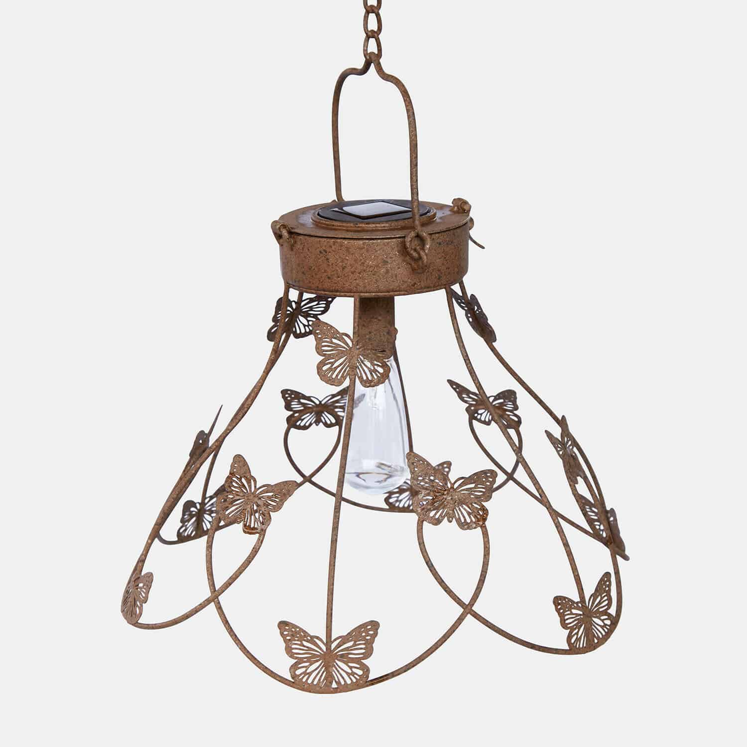 Lantaarn op zonne-energie Pavrelle Hanglamp van roestig metaal met vlindermotief, decoratieve tuinlamp met zichtbare gloeilamp
