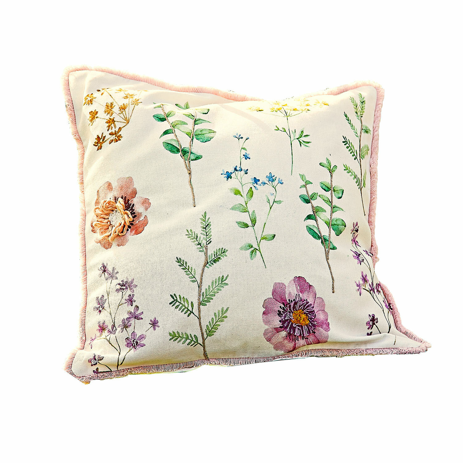 Kussenhoes Fahzoura Decoratief katoenen kussen in crème met bloemenprint en roze rand voor woonkamer