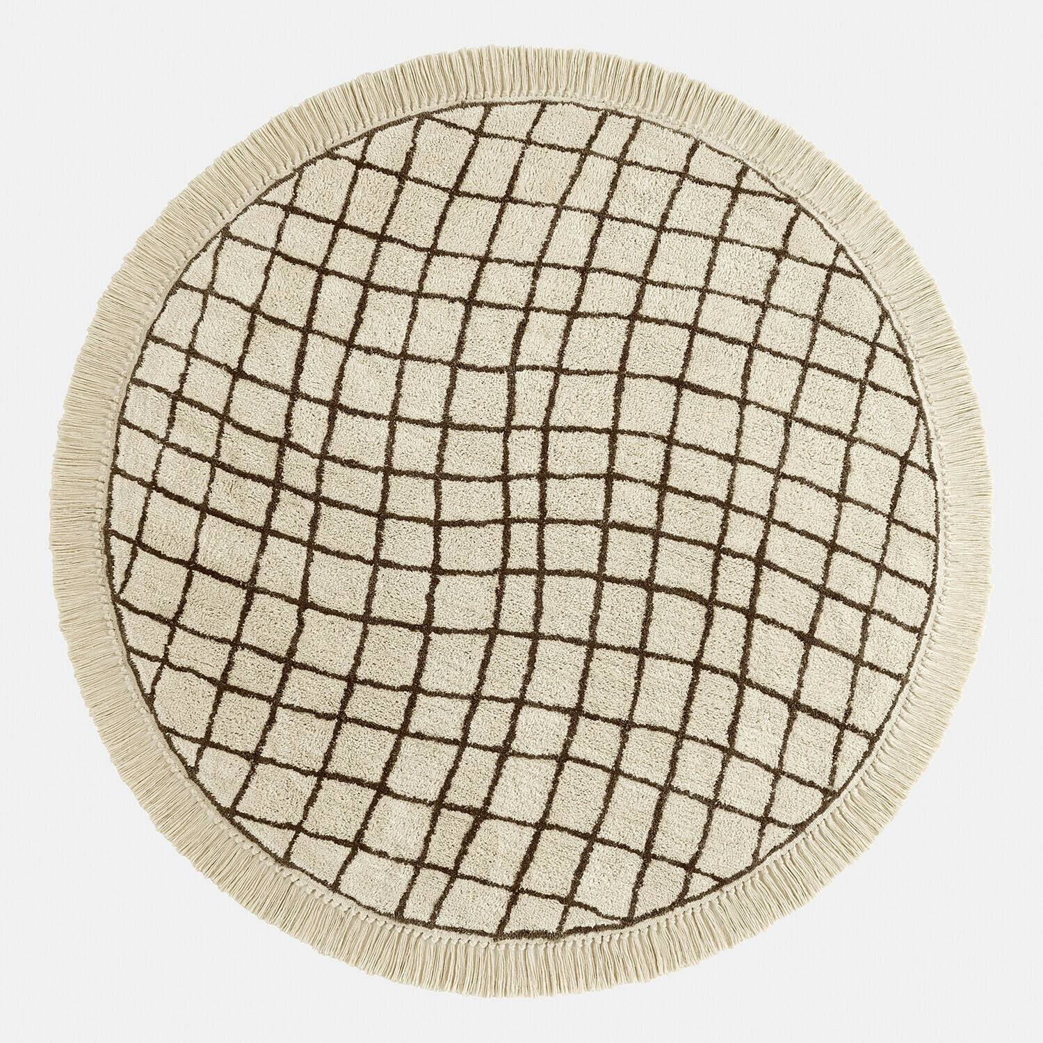 Vloerkleed Puffino Ronde katoenen vloerkleed in crème met bruin geometrisch patroon en franjes