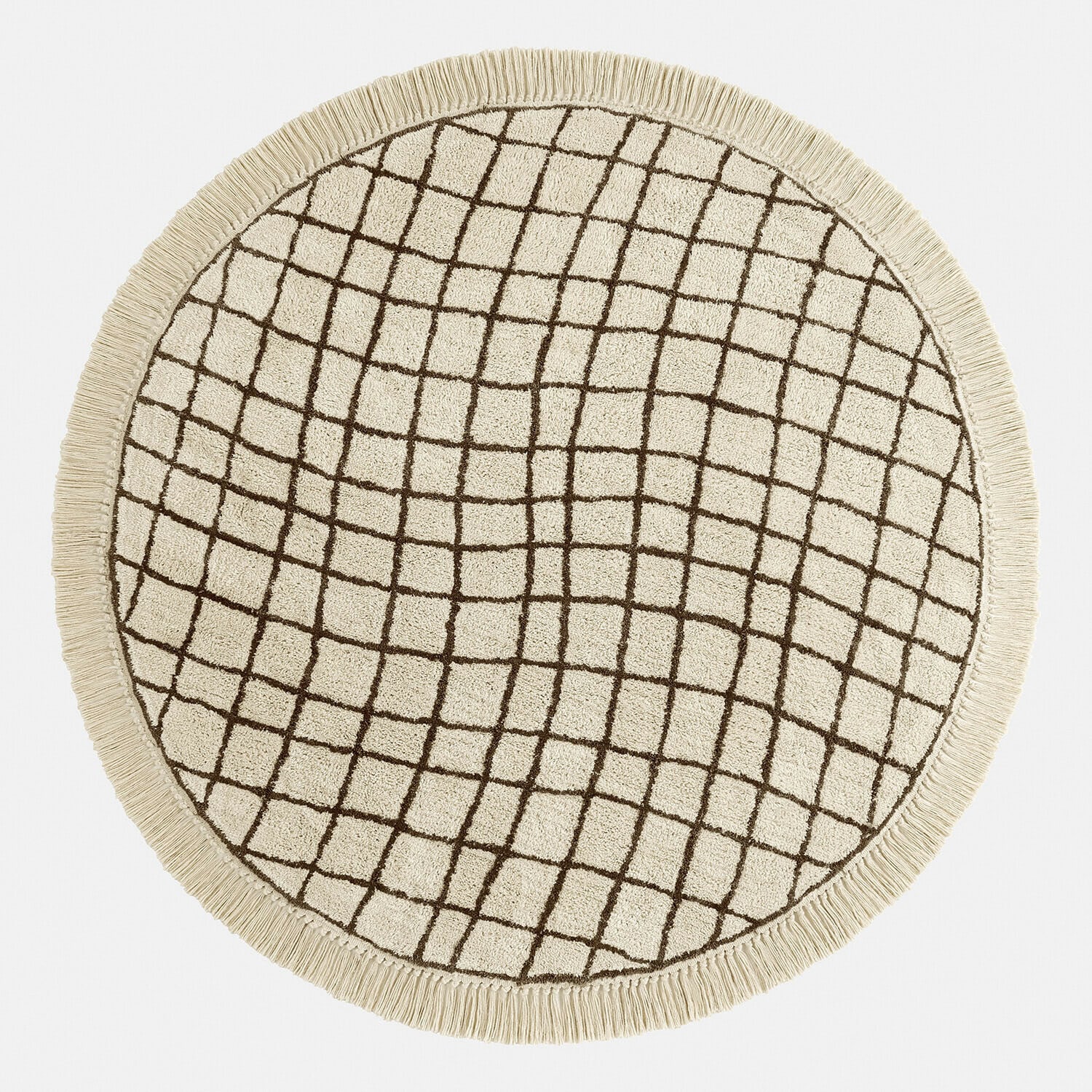 Vloerkleed Puffino Ronde katoenen vloerkleed in crème met bruin geometrisch patroon en franjes