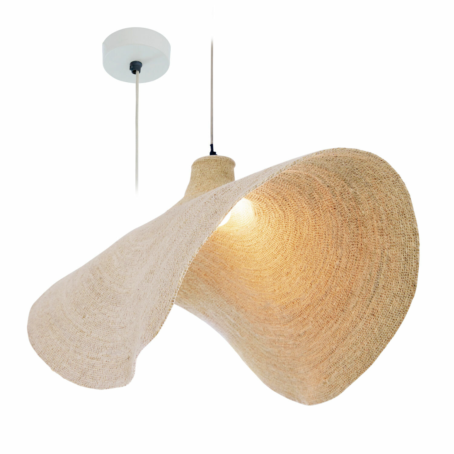 Hanglamp van natuurlijk beige materiaal met golvend ontwerp, decoratieve plafondlamp