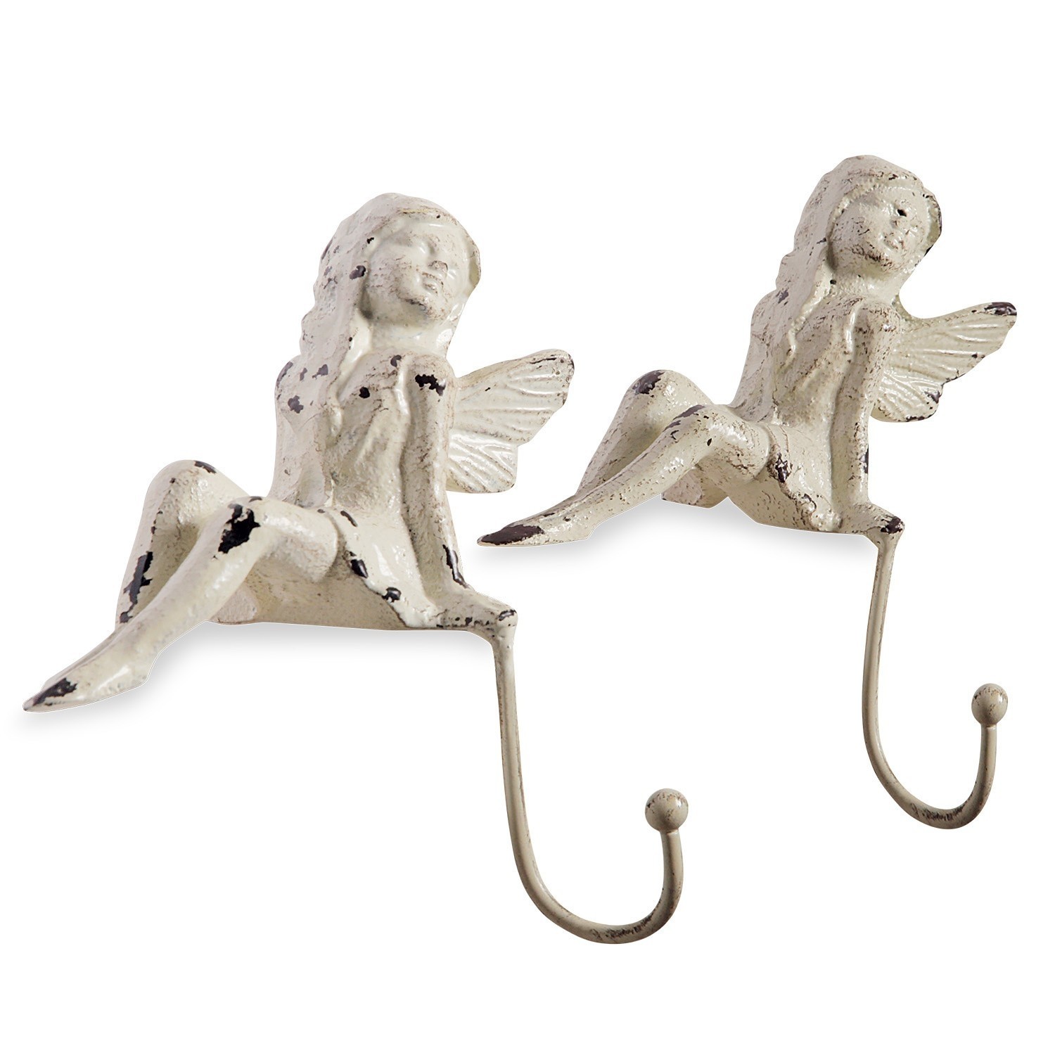 Haak set van 2 Angel Set van twee metalen haken in de vorm van witte engelen met een verouderde afwerking voor wanddecoratie