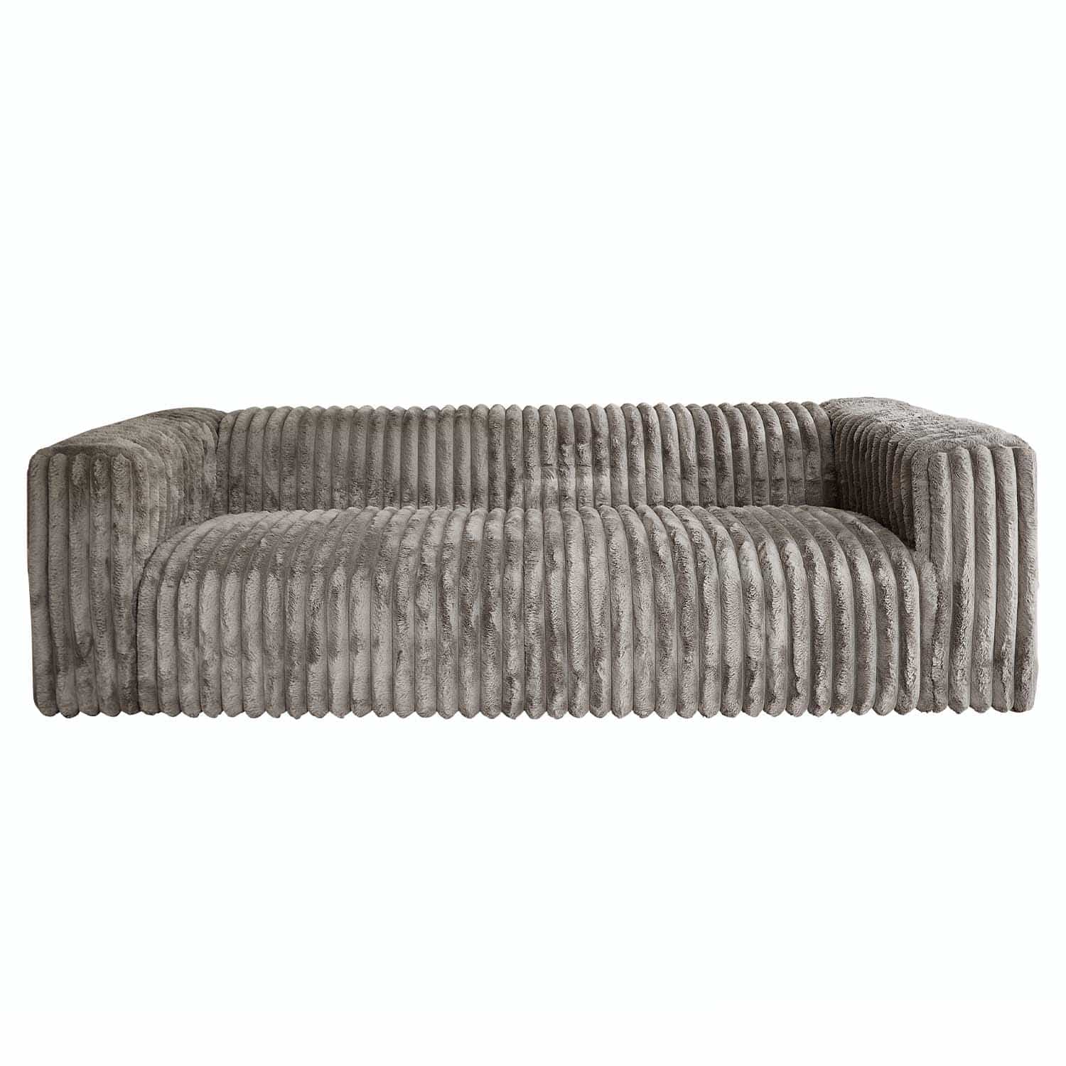 Moderne grijze pluche bank met geribbeld patroon, comfortabel voor woonkamer en ontspanning