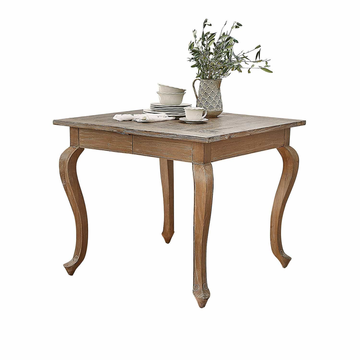 Tafel Plaish Vierkante houten tafel met sierlijke poten en keramisch servies in natuurlijke kleur