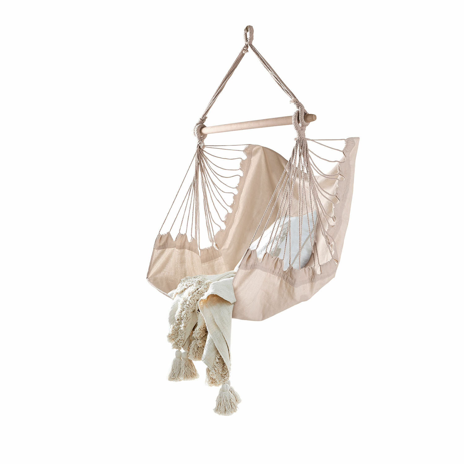 Hangstoel Leano Beige katoenen hangstoel met houten stok en decoratief kleedje voor comfortabele ontspanning
