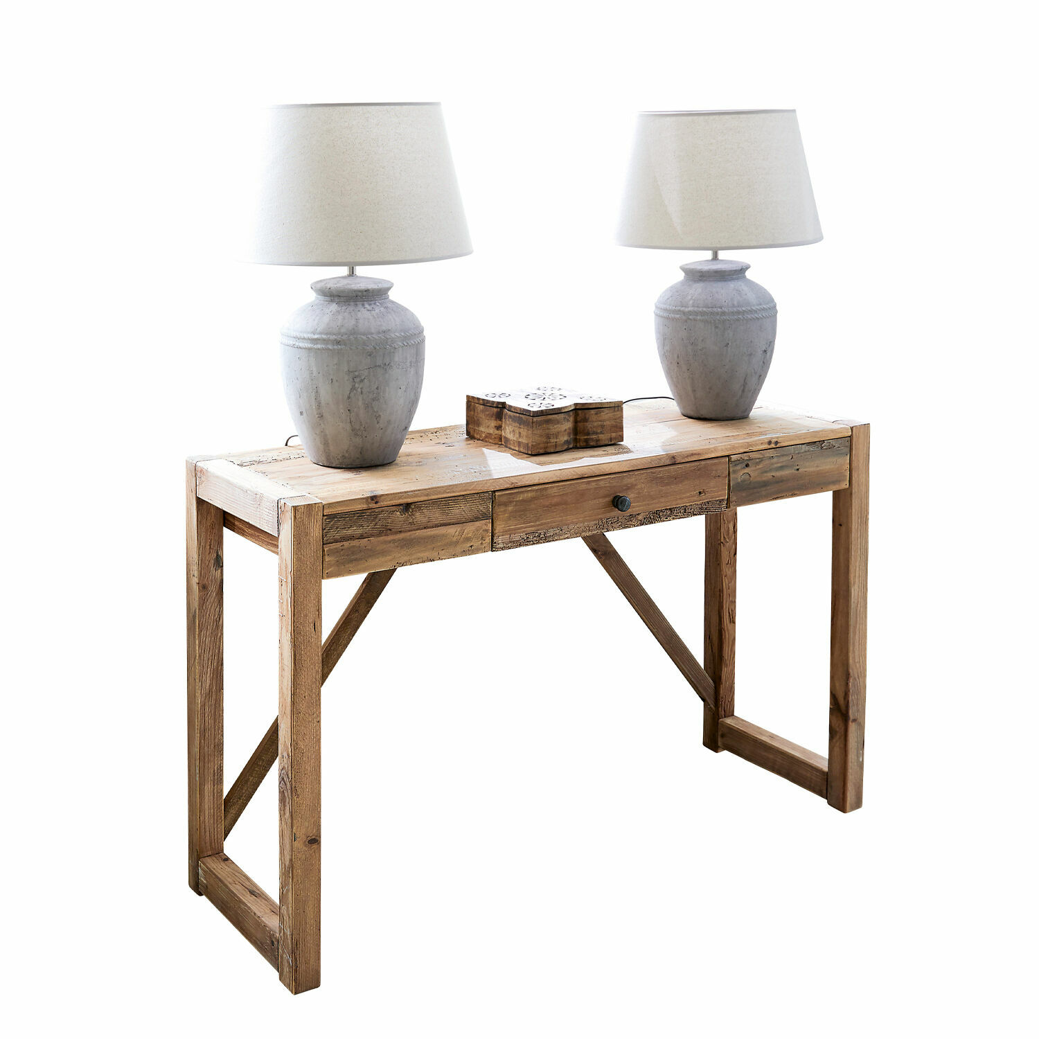 Sidetable Contoire Houten bureau in natuurlijke kleur met lade en twee grijze tafellampen erop