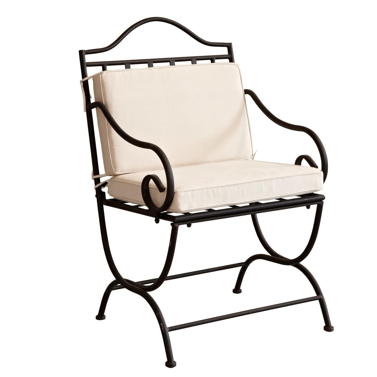 Stoel Avanton Zwarte metalen stoel met crèmekleurige kussens, comfortabele zit voor woonkamer of tuin