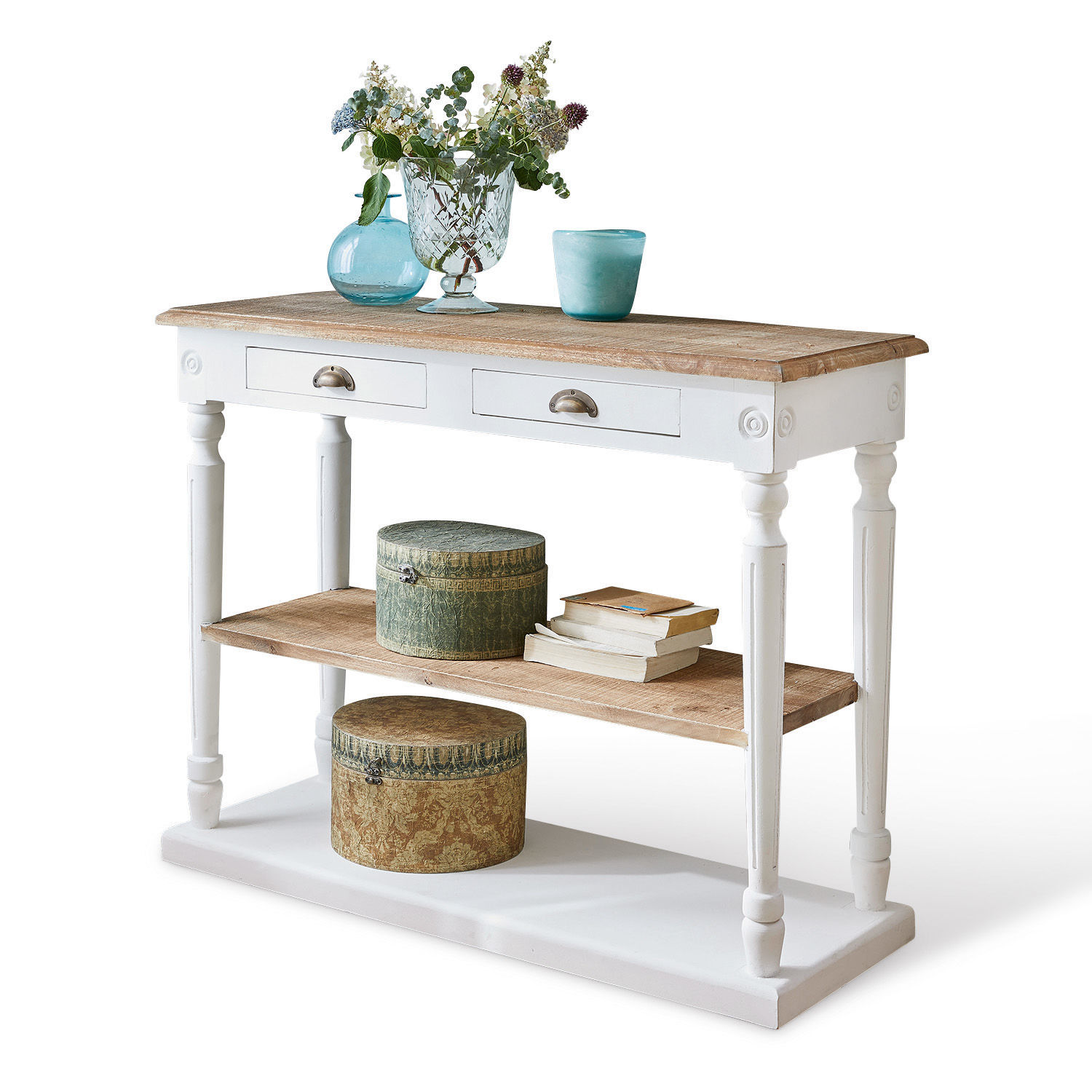Witte sidetable met houten blad, twee lades en planken, decoratieve landelijke stijl