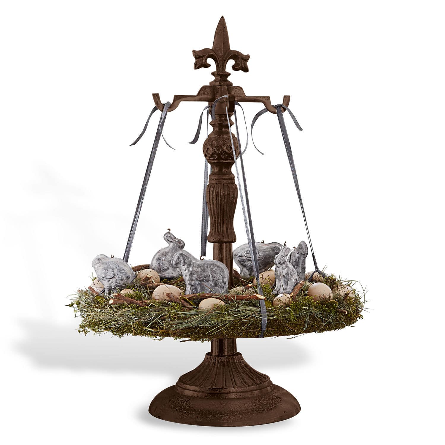 Kranshouder Antwan Decoratieve bruine metalen standaard met hangende groene paasdecoratie met konijnen en eieren