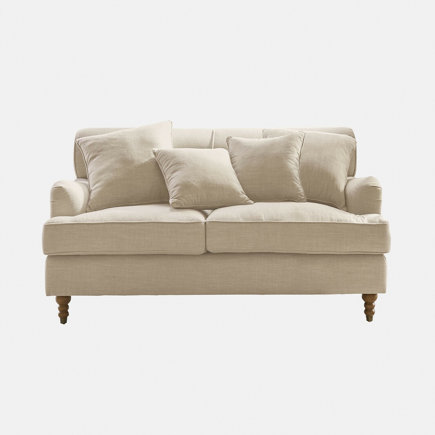 Bank Isa Beige stoffen bank met kussens en houten poten, comfortabele woonkamermeubel