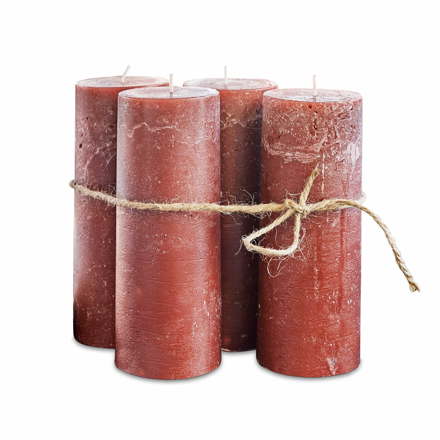 Kaars set van 4 Homel Set van vier rustieke rode kaarsen van was met decoratief natuurlijk touw