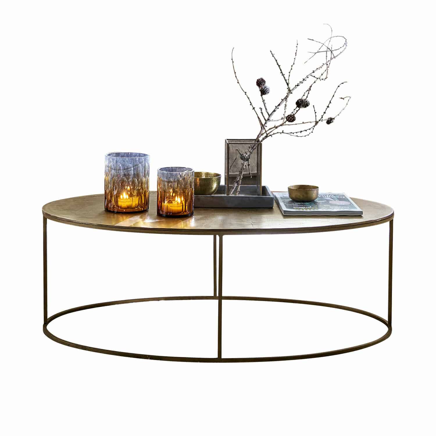 Salontafel Leron Ronde salontafel met metalen frame en houten blad in natuurlijke kleur met decoraties