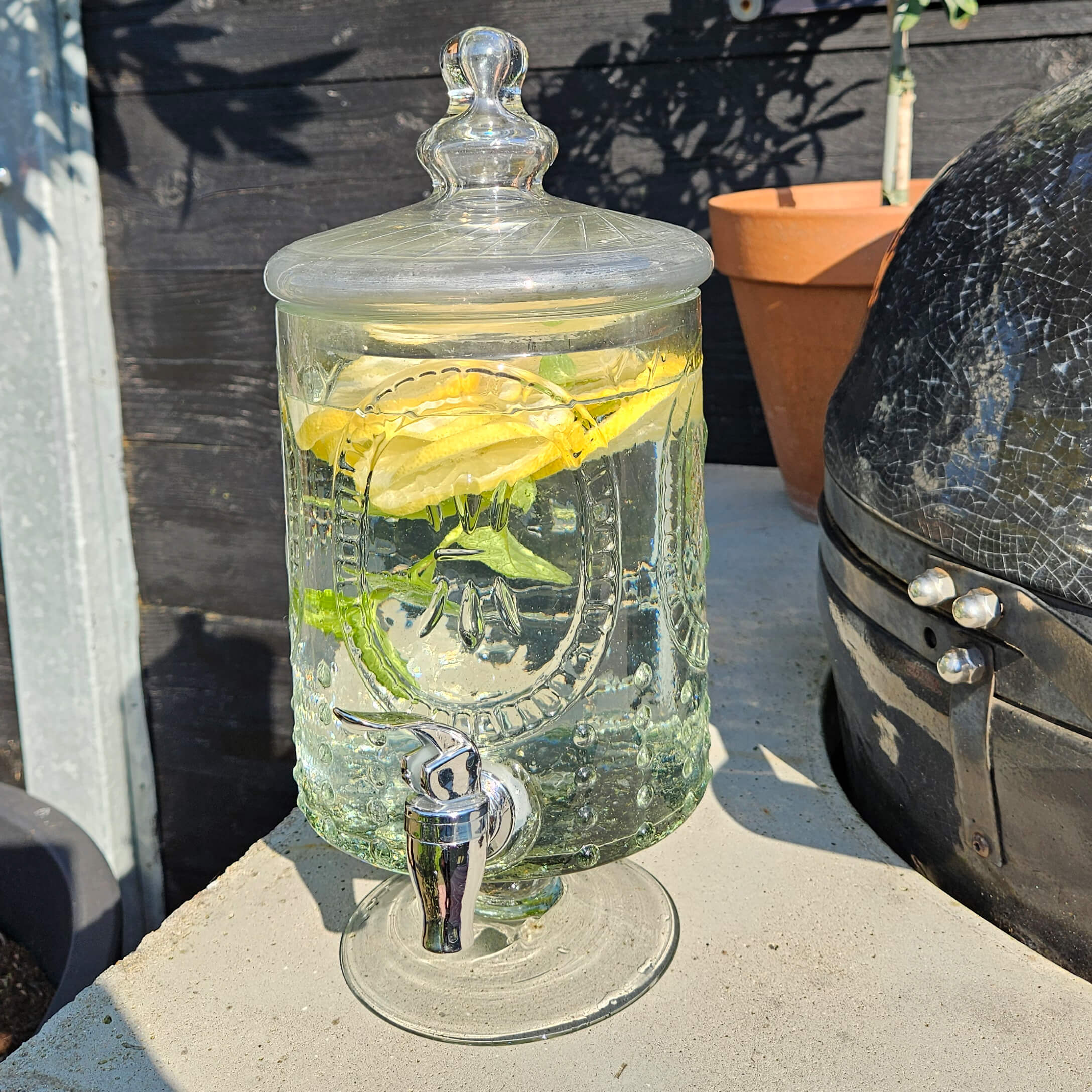 Glazen drankdispenser met deksel, gevuld met water, citroen en munt, perfect voor zomerse feesten