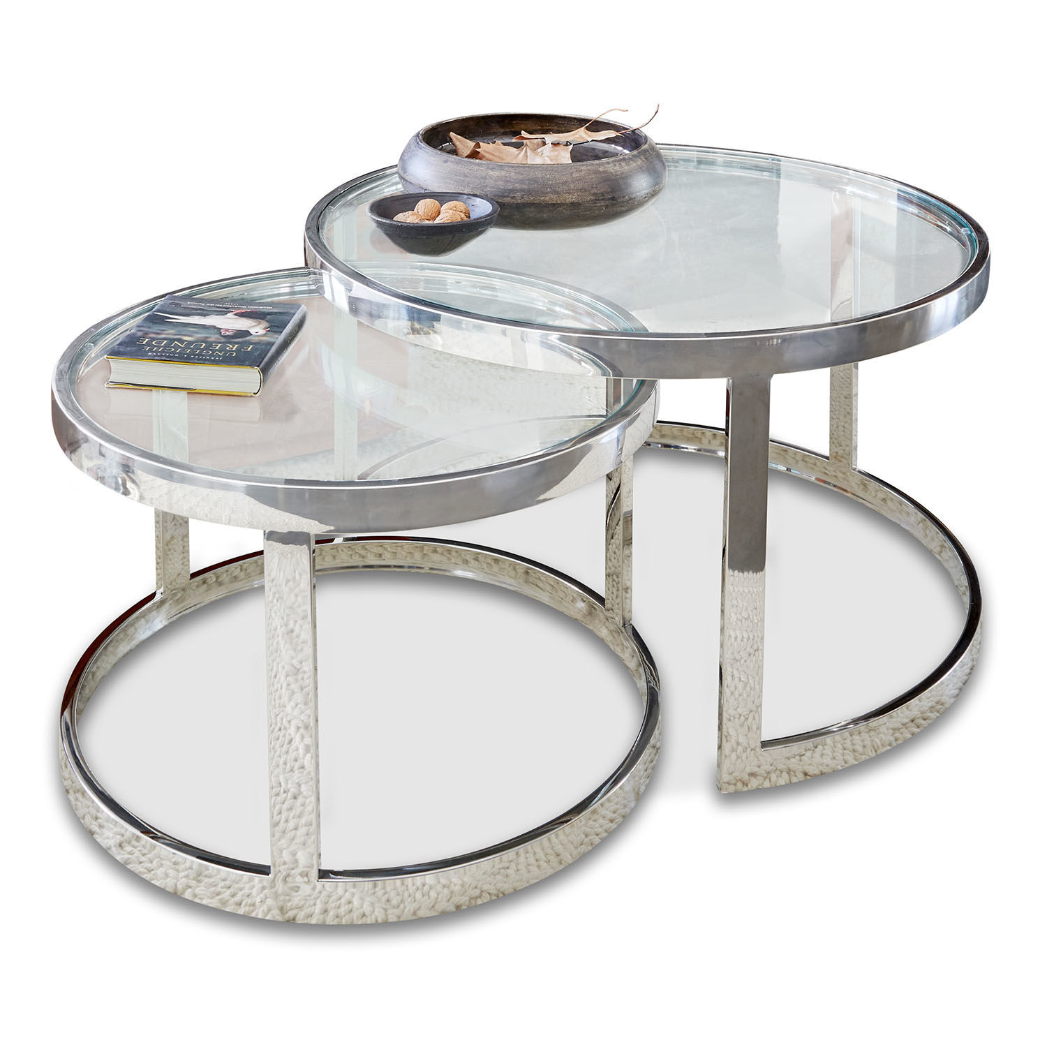 Bijzettafel set van 2 Cibran Set van twee ronde salontafels met glasplaat en verchroomd stalen frame, modern design