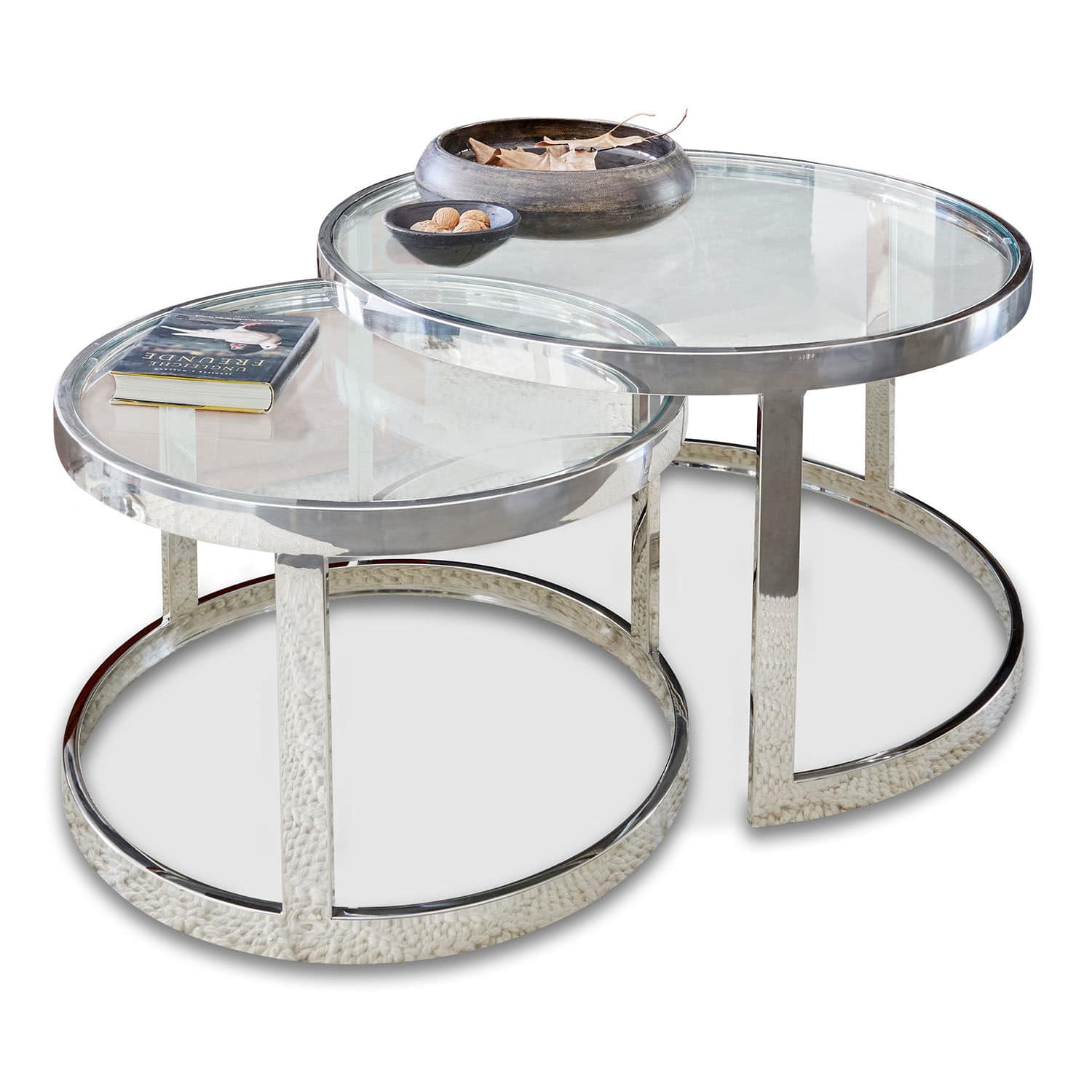 Bijzettafel set van 2 Cibran Set van twee ronde salontafels met glasplaat en verchroomd stalen frame, modern design