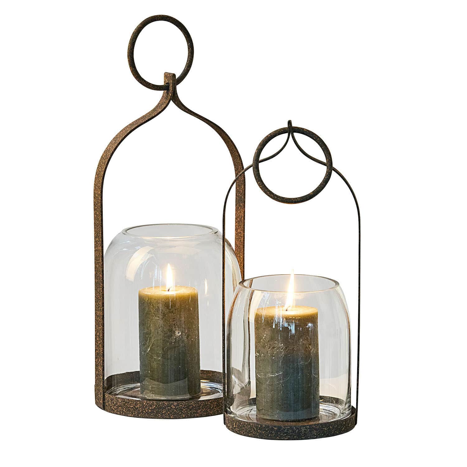 Lantaarn set van 2 Farazad Set van twee lantaarns van roestig metaal en glas met groene kaarsen, interieurdecoratie