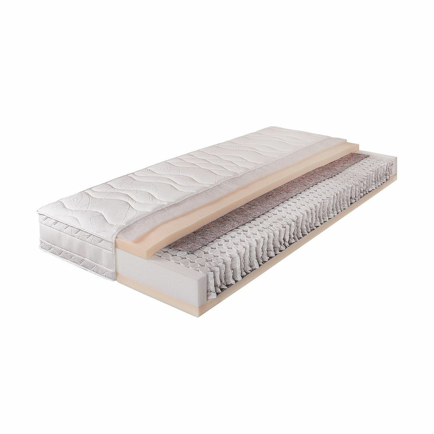 Matras 90 x 200 cm Sevilha Dwarsdoorsnede van een pocketveringmatras met witte hoes en schuimlaag voor slaapcomfort