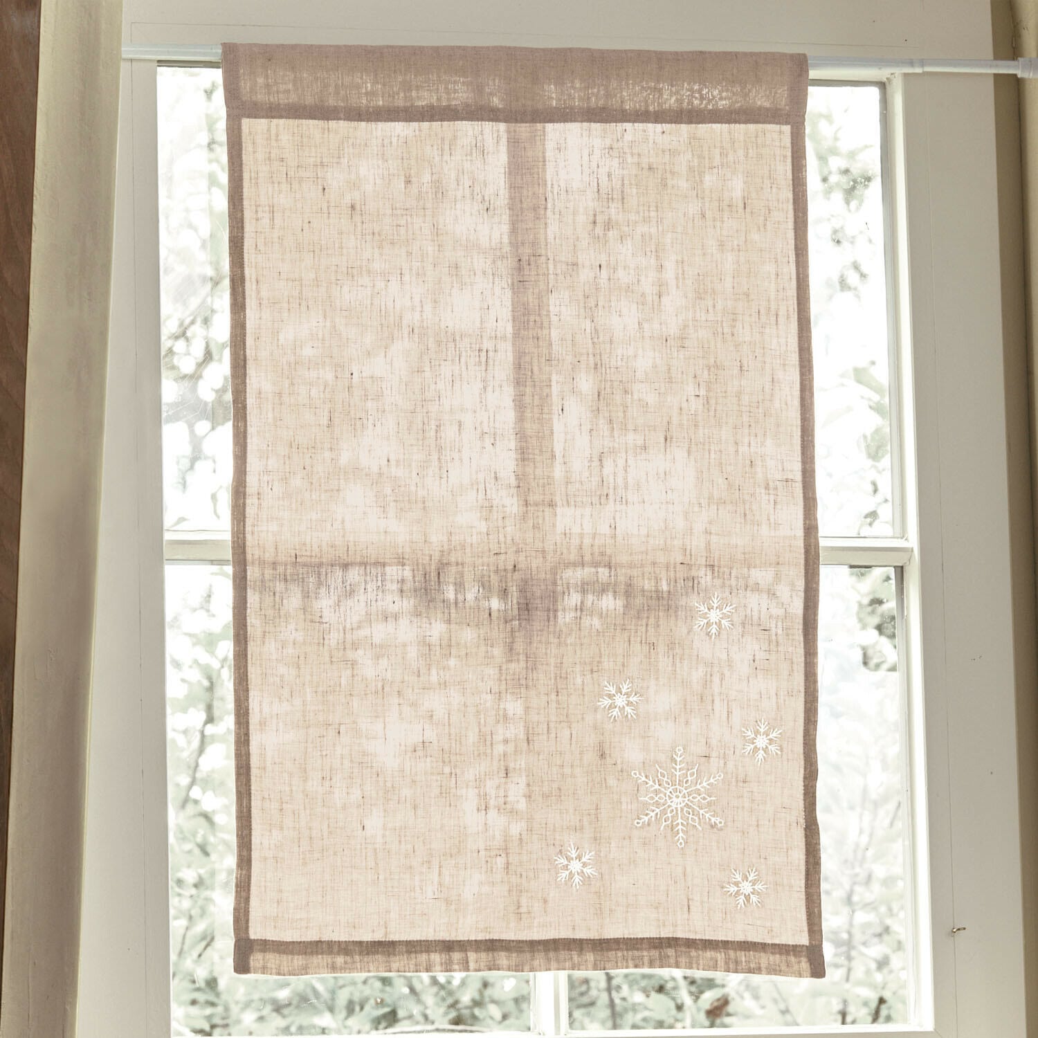 Vitrage Ruspi Beige linnen rolgordijn met sneeuwvlokmotief, lichte raamdecoratie voor woonkamer