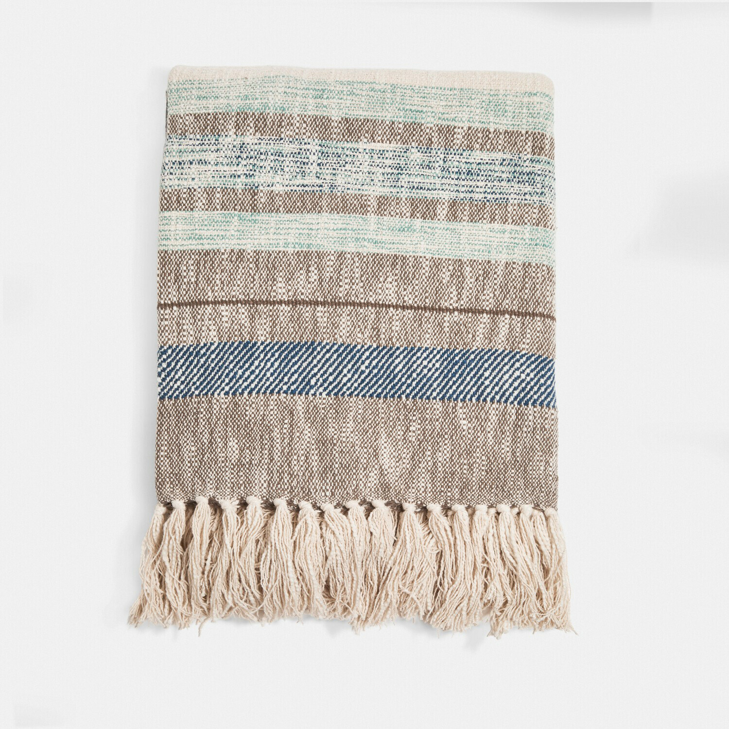 Katoenen plaid met strepen in beige, blauw en groen met franjes, zacht en decoratief voor interieur