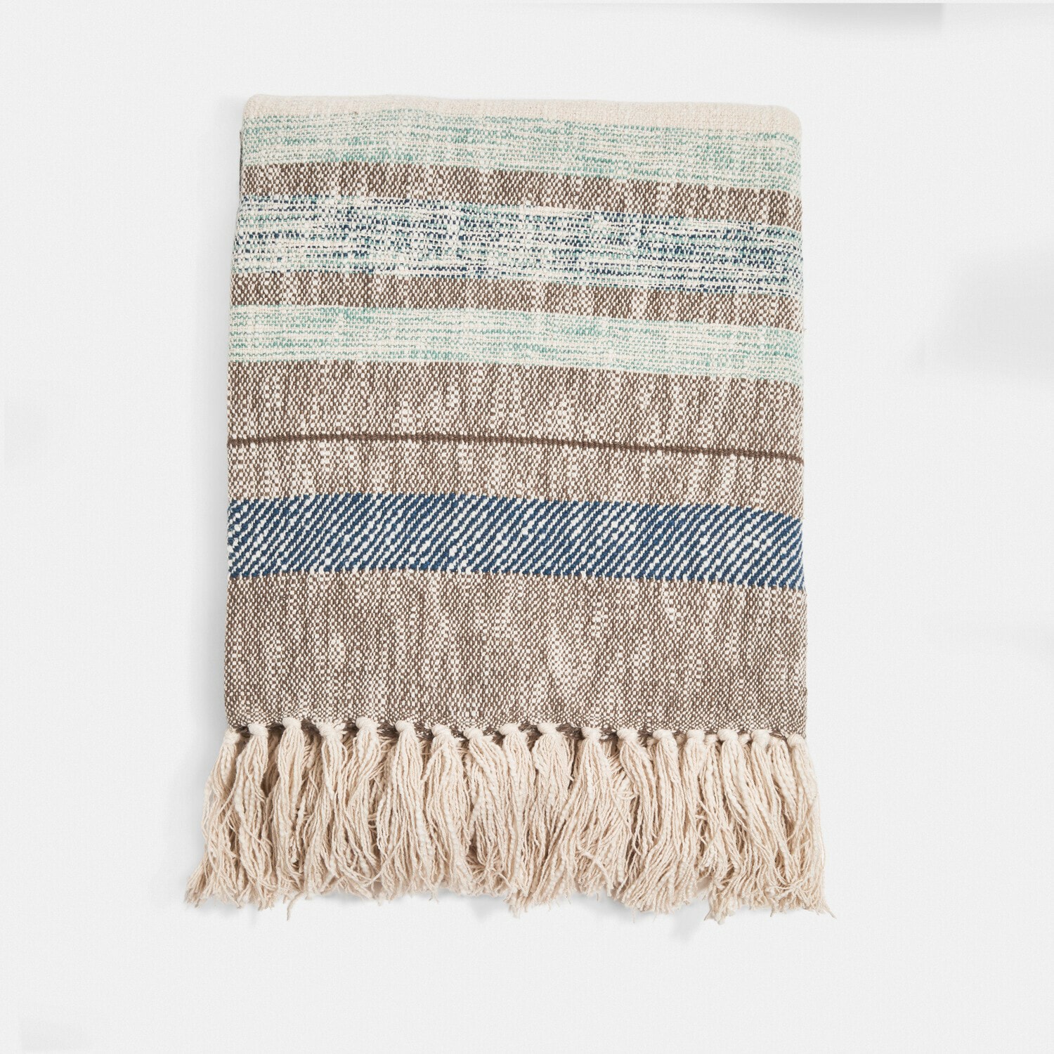 Plaid Maresas Katoenen plaid met strepen in beige, blauw en groen met franjes, zacht en decoratief voor interieur