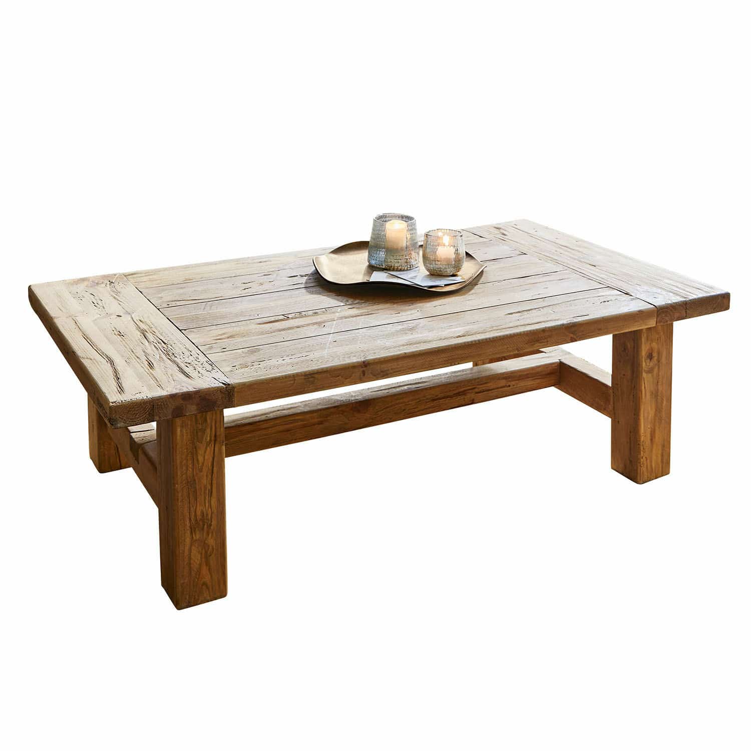 Salontafel Oteley Salontafel van natuurlijk teakhout met decoratief dienblad en brandende kaarsen
