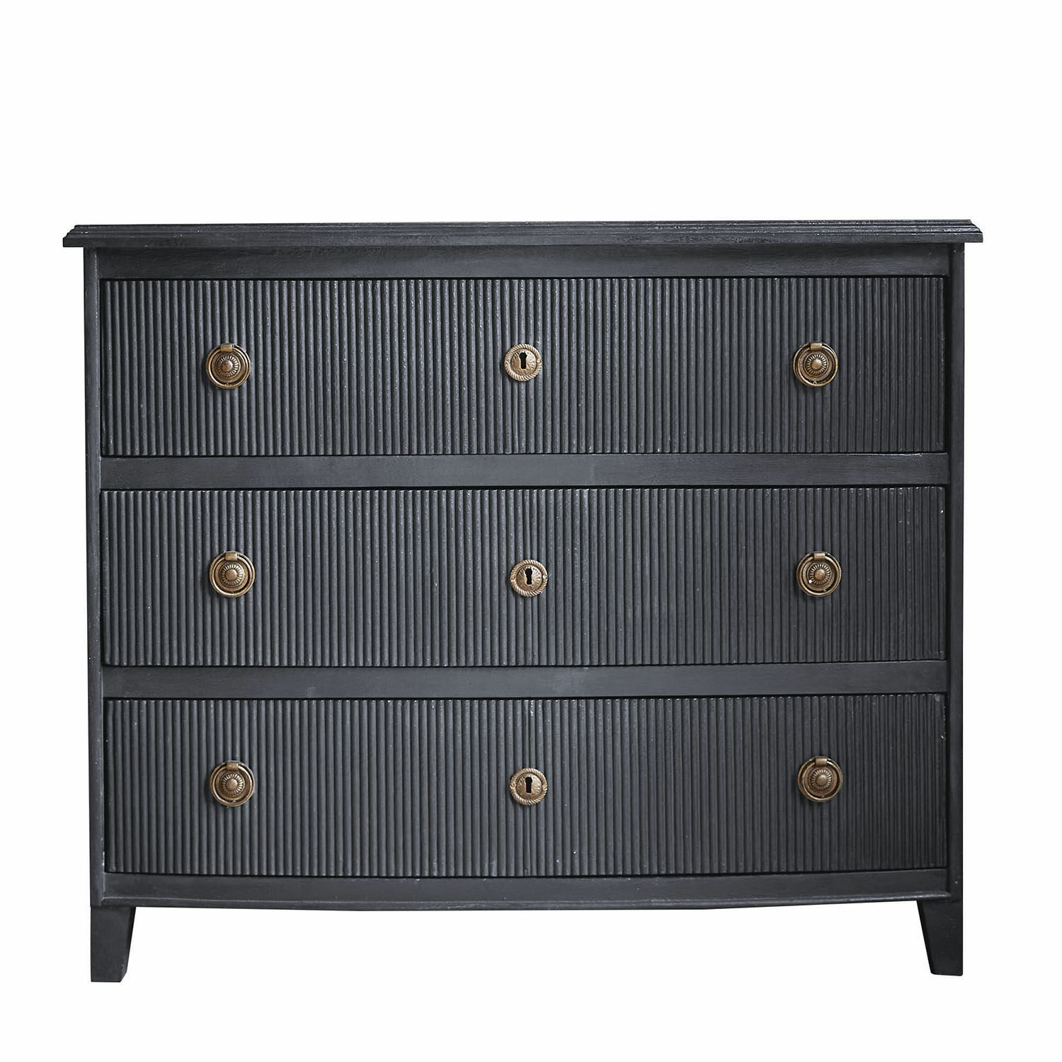 Zwarte Boissi houten ladekast met drie laden en messing handgrepen, woonkamermeubel