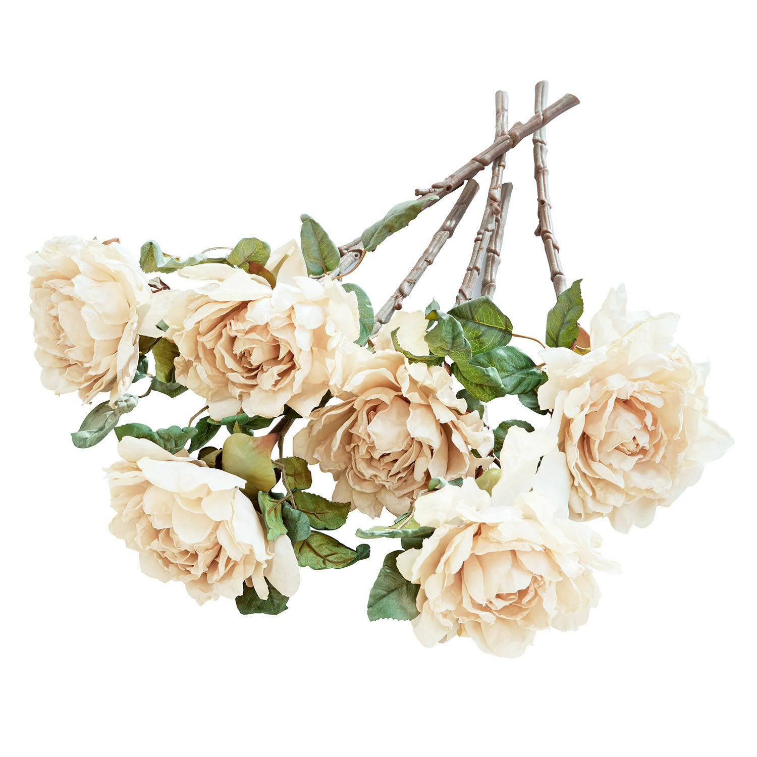 crème Set van 6 crèmekleurige decoratieve Mervix bloemen met groene bladeren en bruine stelen