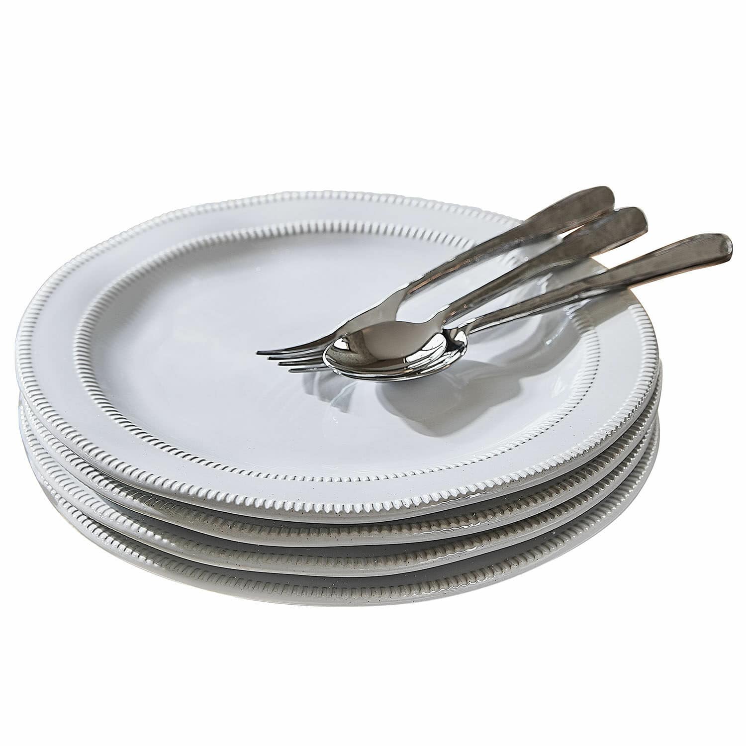 Groot bord set van 4 Alentejo Set witte keramische borden met decoratieve rand en zilveren bestek erop