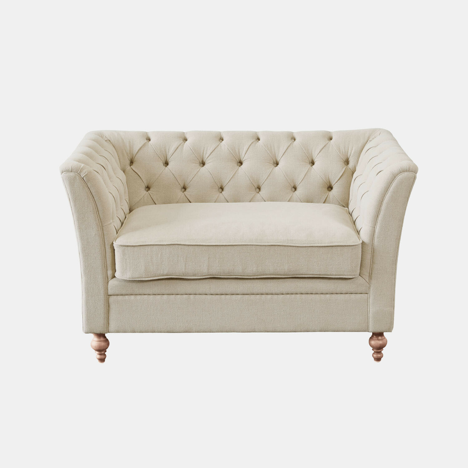 beige Beige stoffen bank met doorgestikte rugleuning en houten poten, elegante zitmeubel