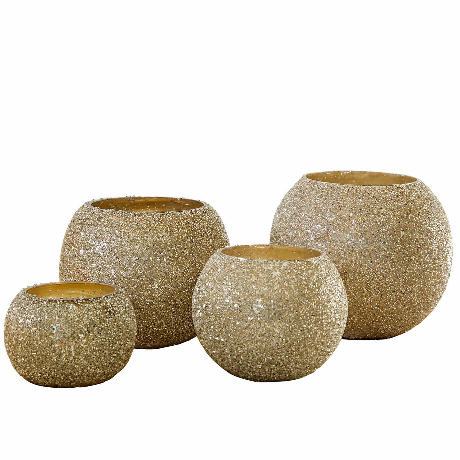 Windlicht set van 4 Tareena Set van vier gouden ronde theelichthouders met glitters voor sfeervolle woondecoratie.
