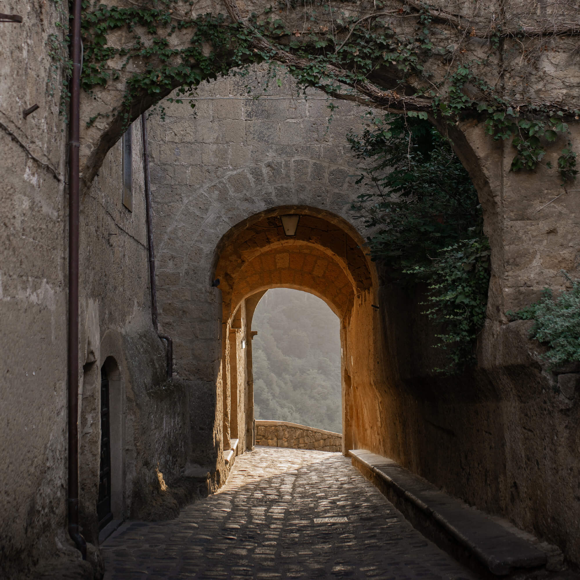 Steenboog met klimop boven een met kasseien geplaveid pad, warm verlicht in een historische omgeving