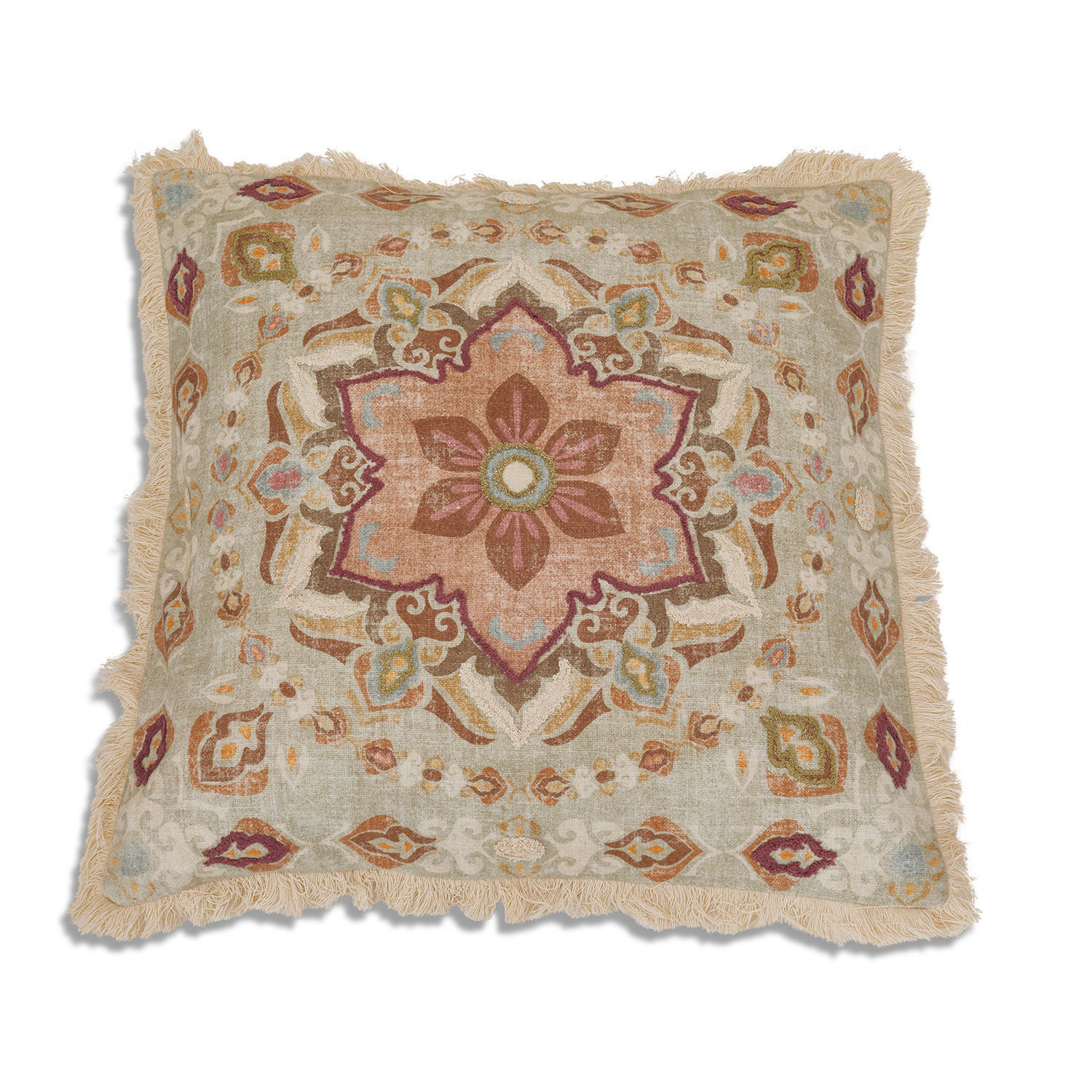 Decoratief katoenen kussen in beige met bloemmotief en franjes voor een gezellige sfeer