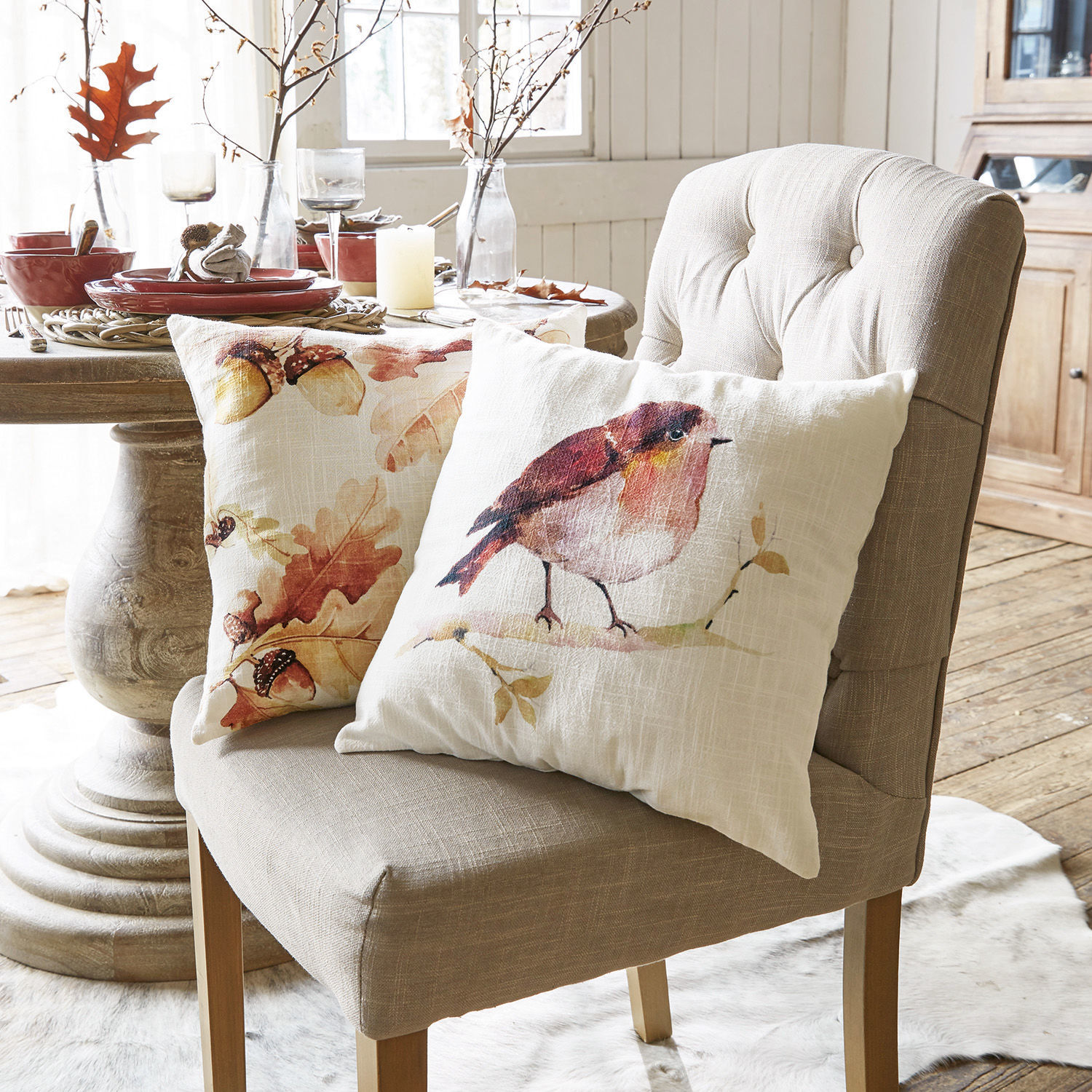 Kussenhoes set van 2 Lovece Decoratieve katoenen kussens in crème met vogel- en bladprint, rustieke landelijke stijl