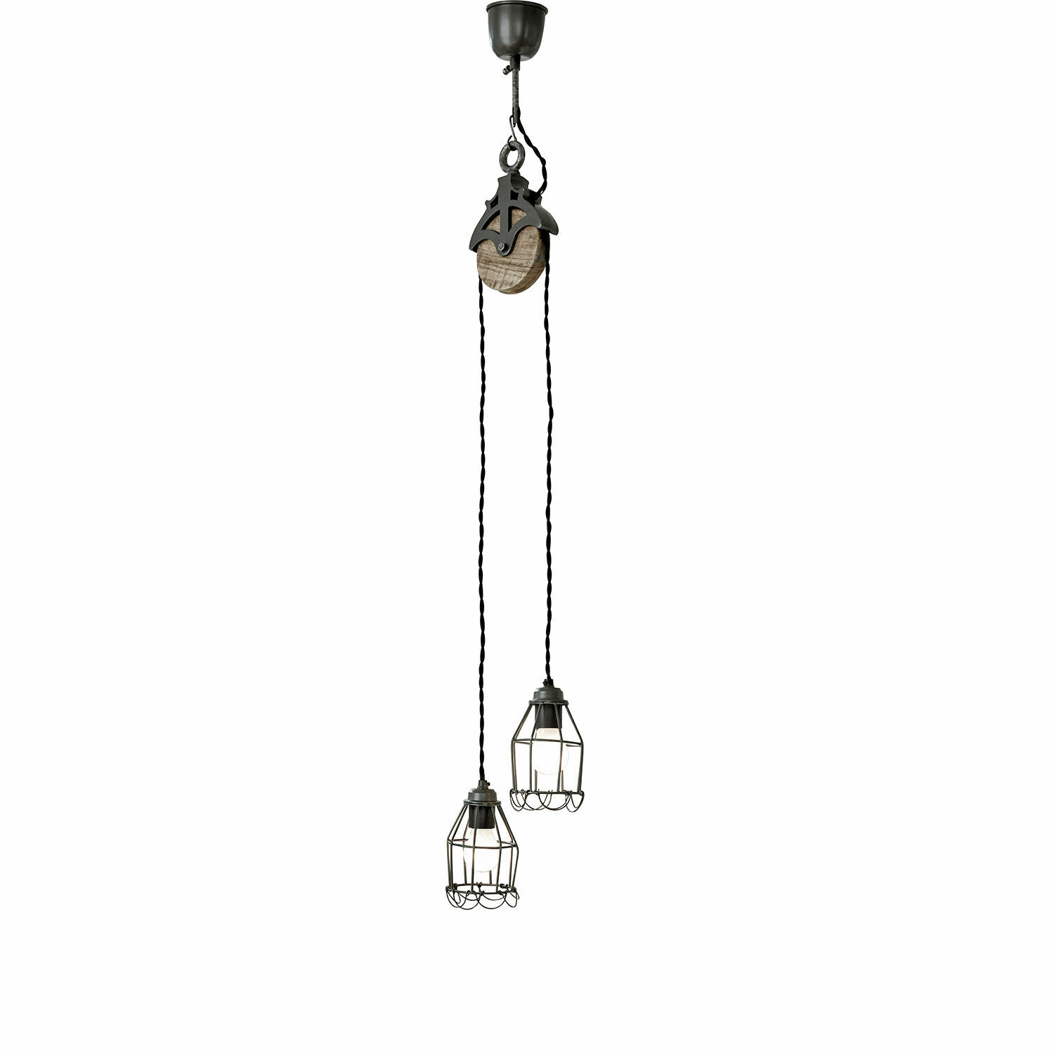 Hanglamp Trevici Dubbele hanglamp met zwarte metalen kooi en houten element in industriële stijl voor binnen