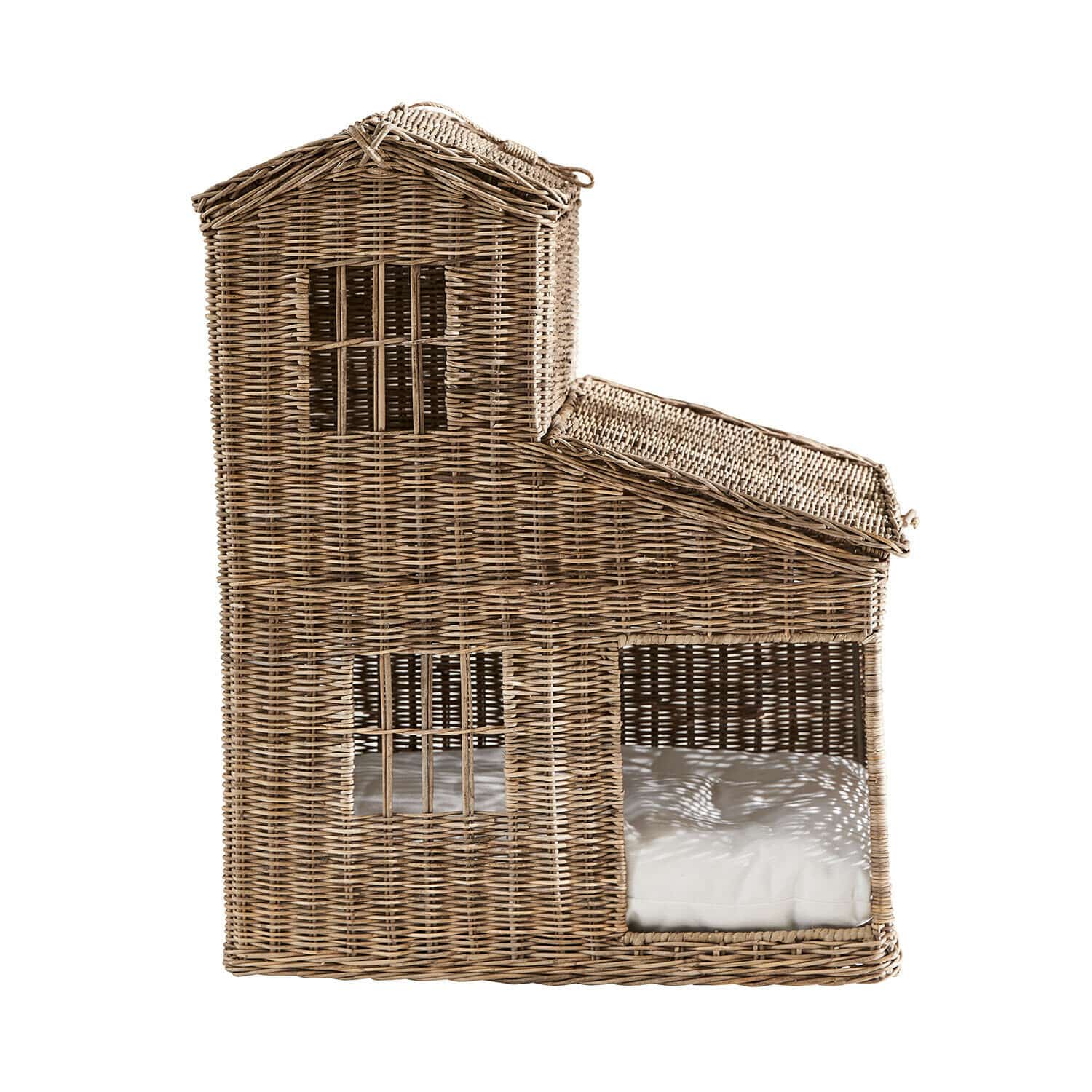 Kattenhuisje Ravnda Dierenhuis van natuurlijk riet met kussen, duurzaam kattenbed in huisvorm