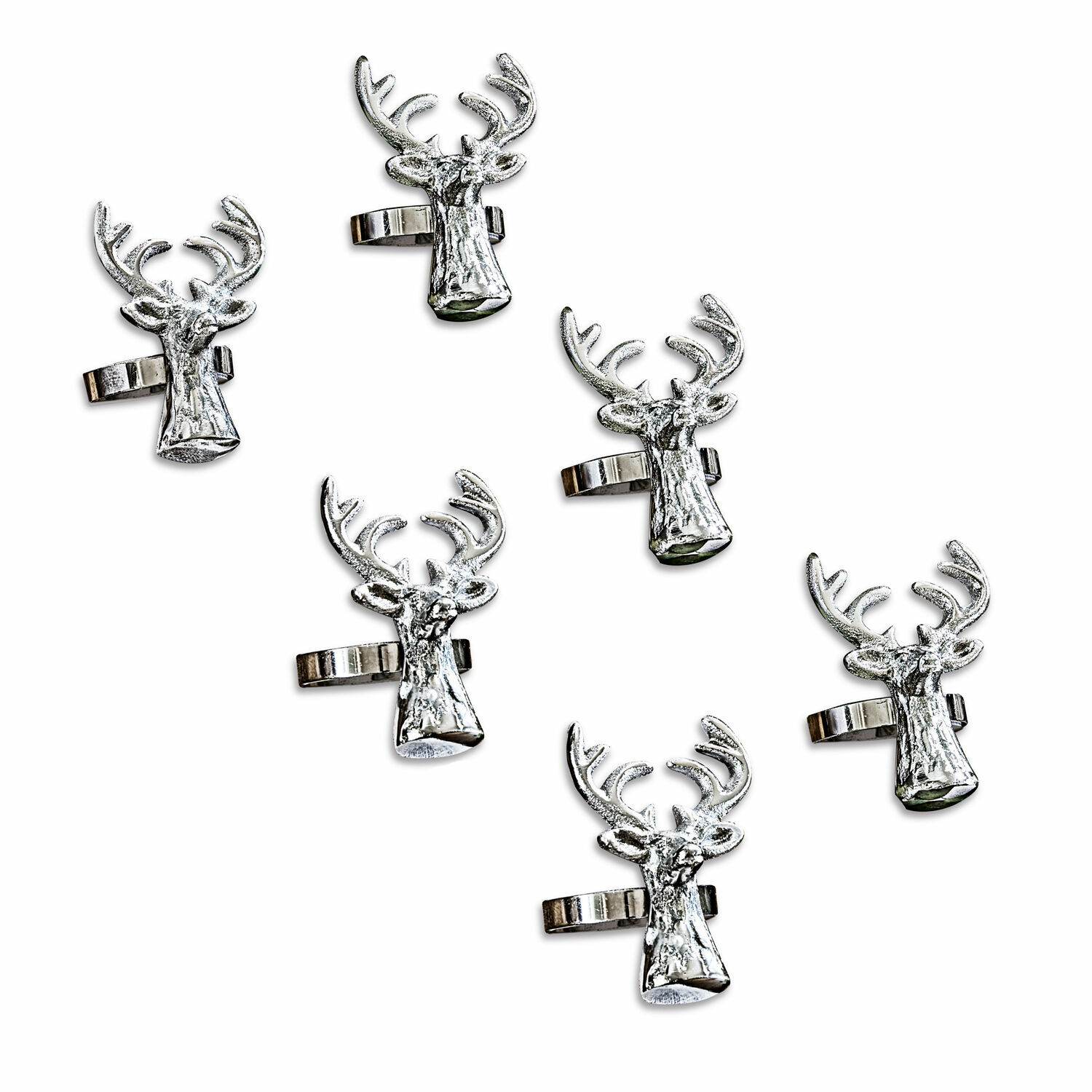 Zes zilverkleurige metalen ringen met hertenhoofd, feestelijke decoratie en sieraden