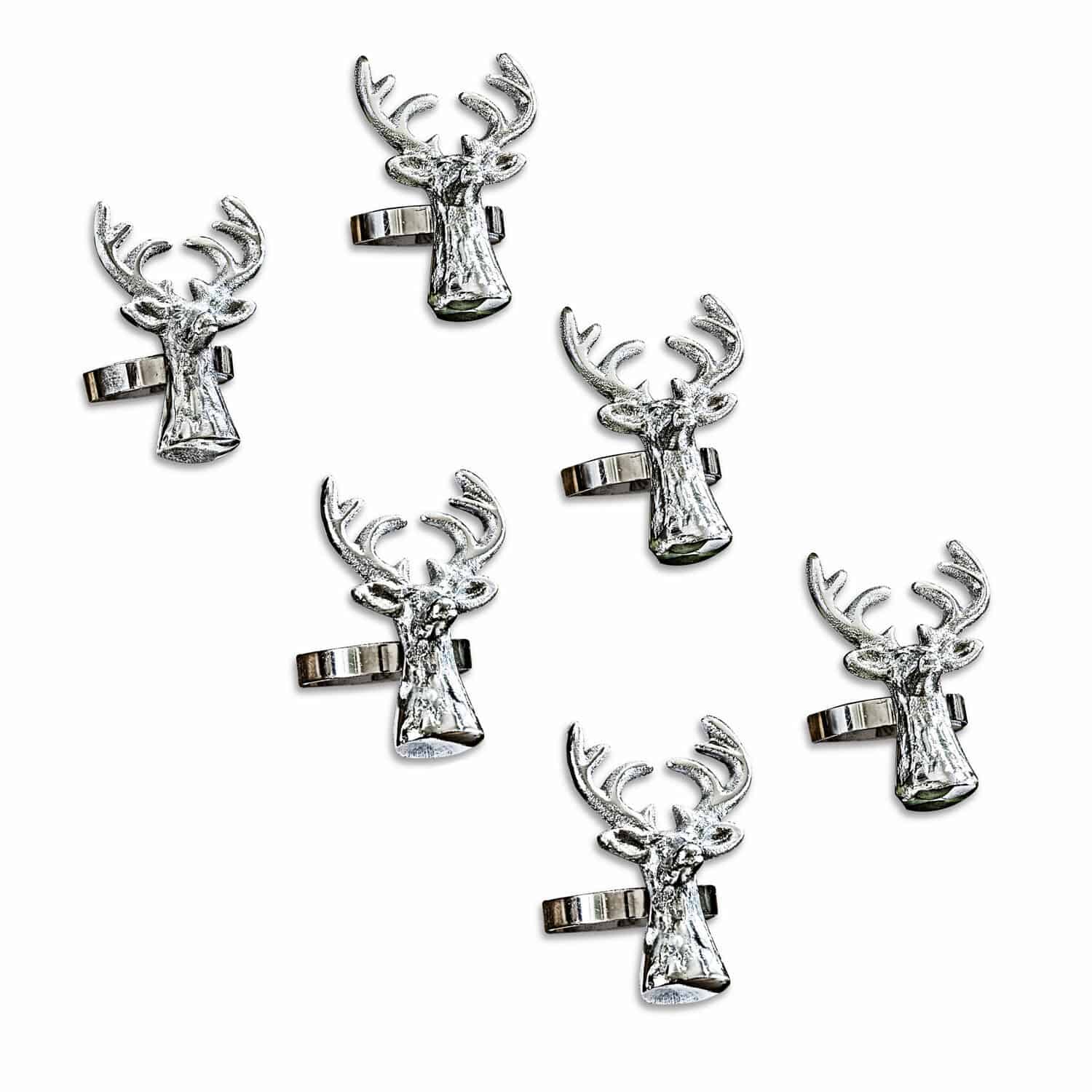 Servetring set van 6 Bisoro Zes zilverkleurige metalen ringen met hertenhoofd, feestelijke decoratie en sieraden