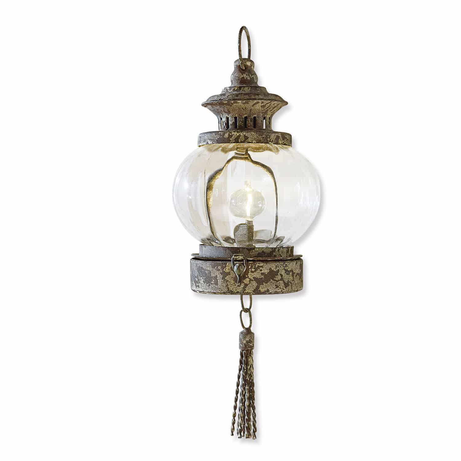 Ledhanglantaarn Timone Hangende metalen lantaarn in verouderde stijl met doorzichtige glazen bol en decoratieve kwast