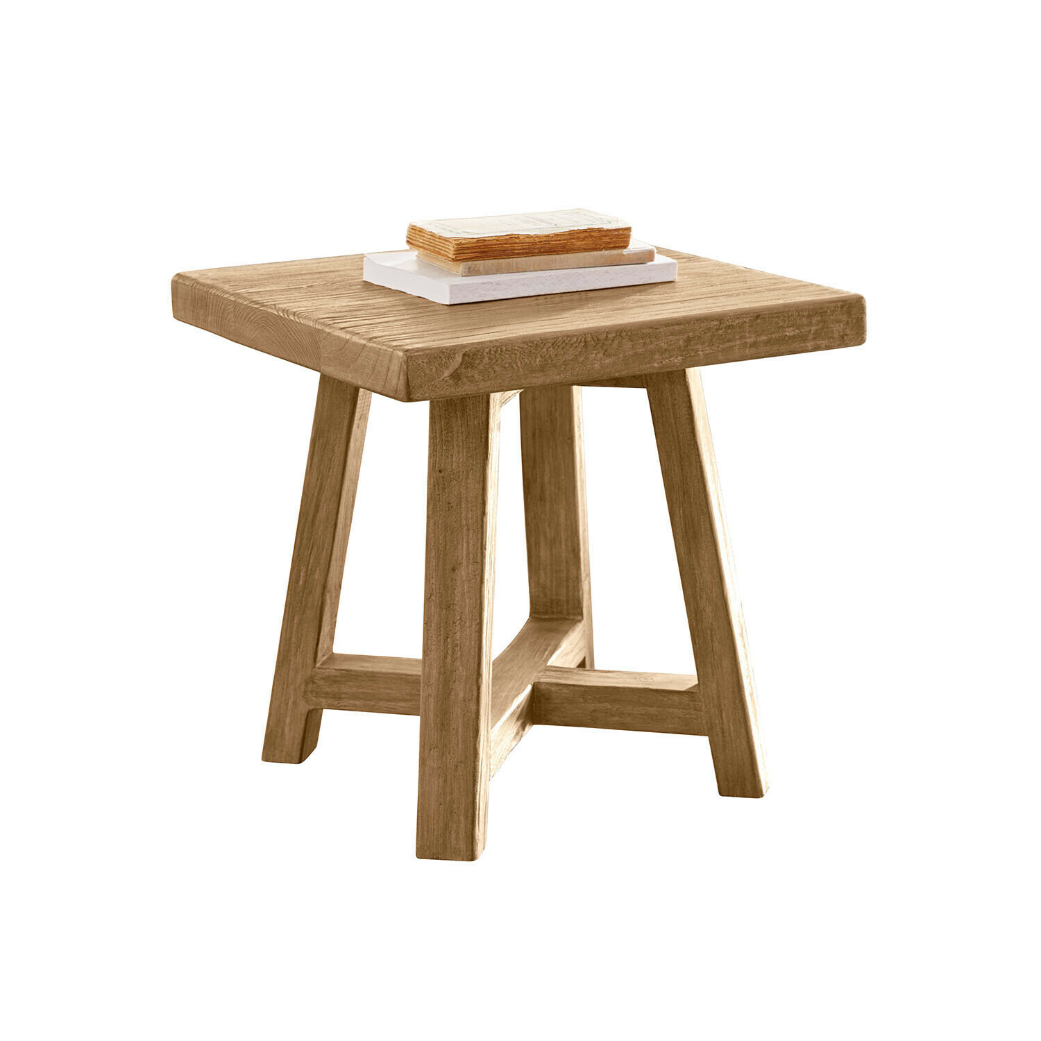 Vierkante houten bijzettafel in natuurlijke kleur met boeken erop, meubel voor woonkamer