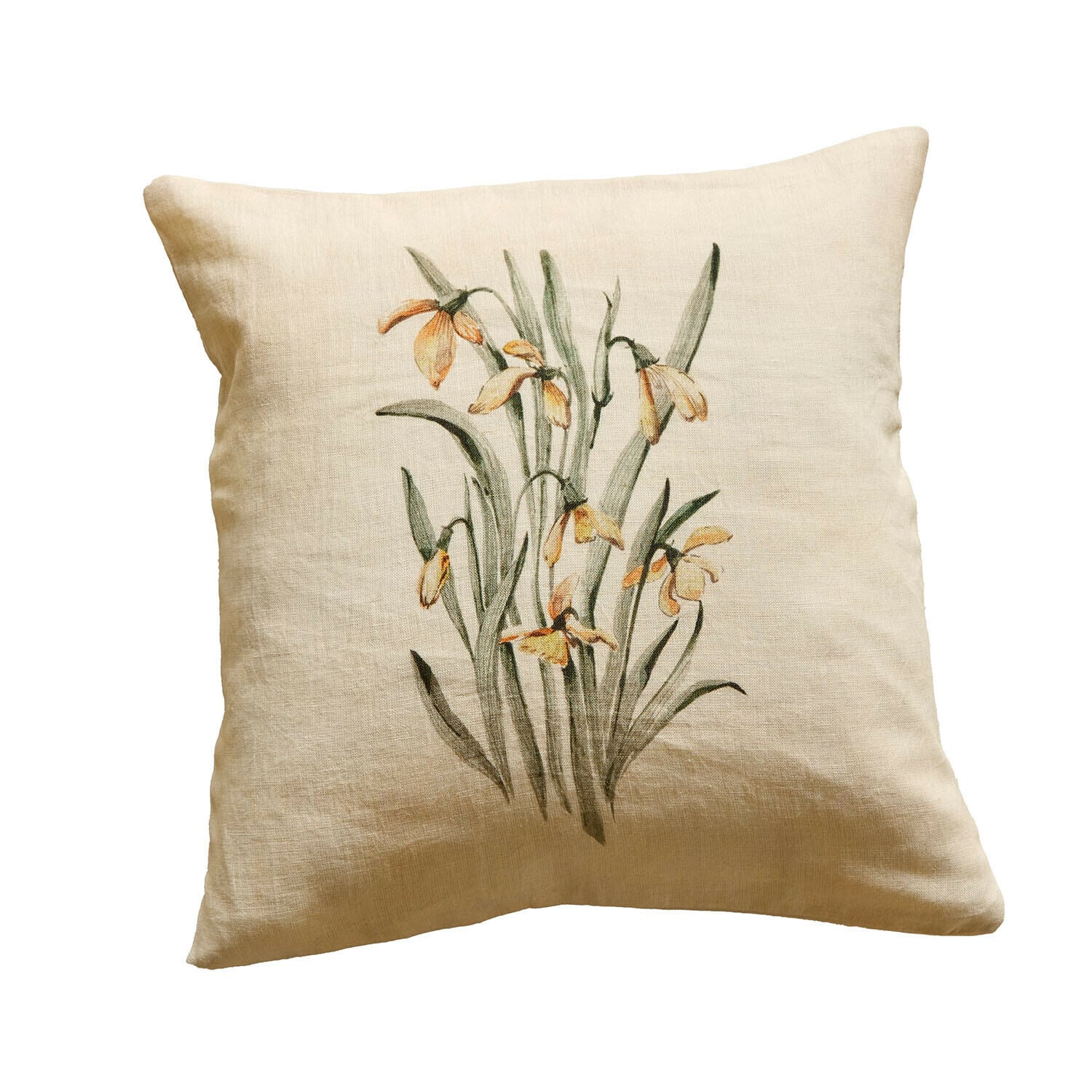 Beige linnen kussen met gele bloemenprint, decoratief kussen voor woonruimte