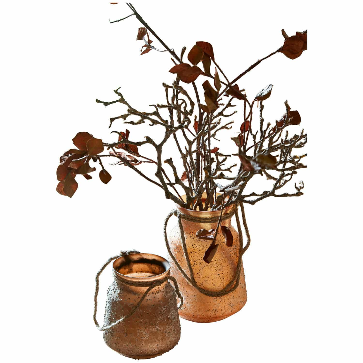 Vaas set van 2 Querello Twee decoratieve koperen glazen vazen met touwhandvatten en gedroogde takken voor interieurdecoratie