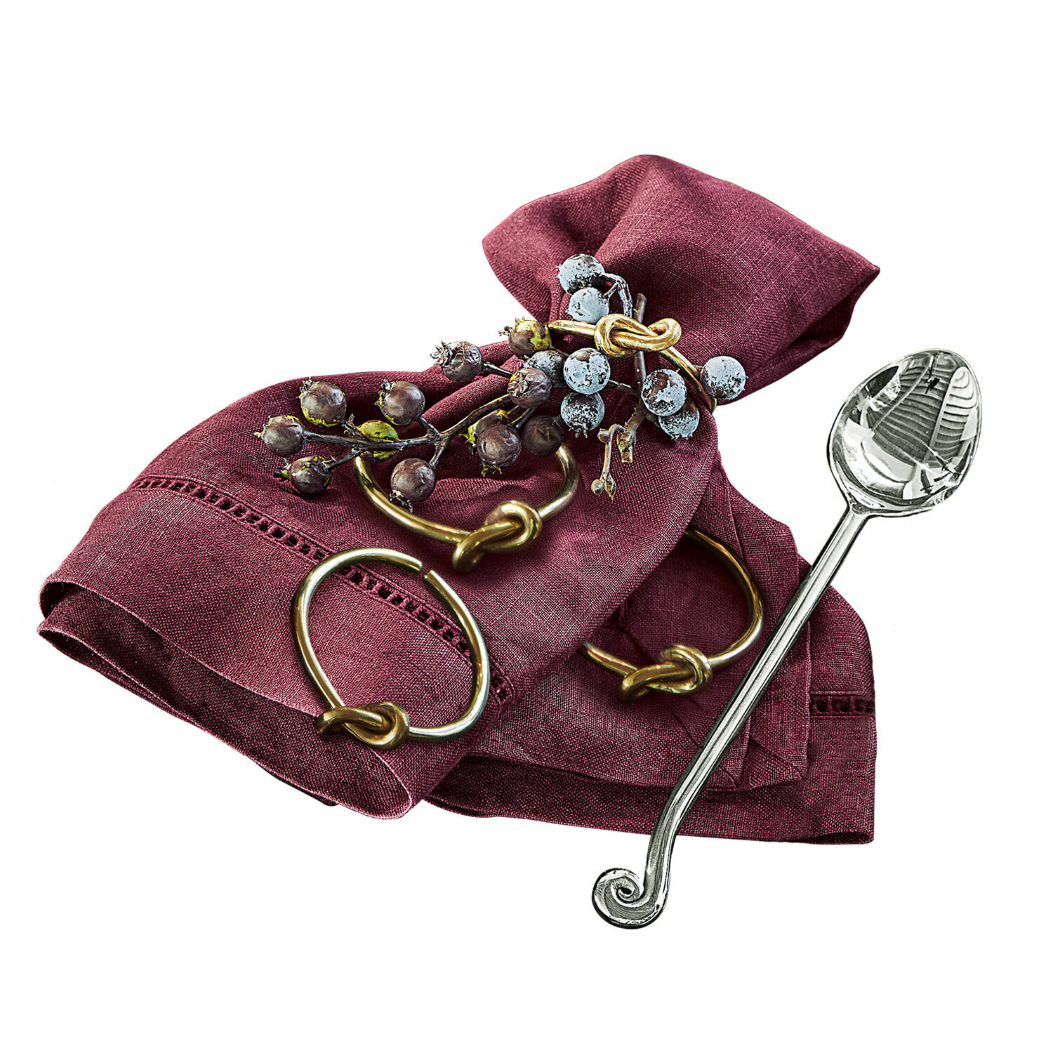 Servetring set van 4 Motje Bordeaux linnen servet met messing ring en bessendecoratie voor de tafel