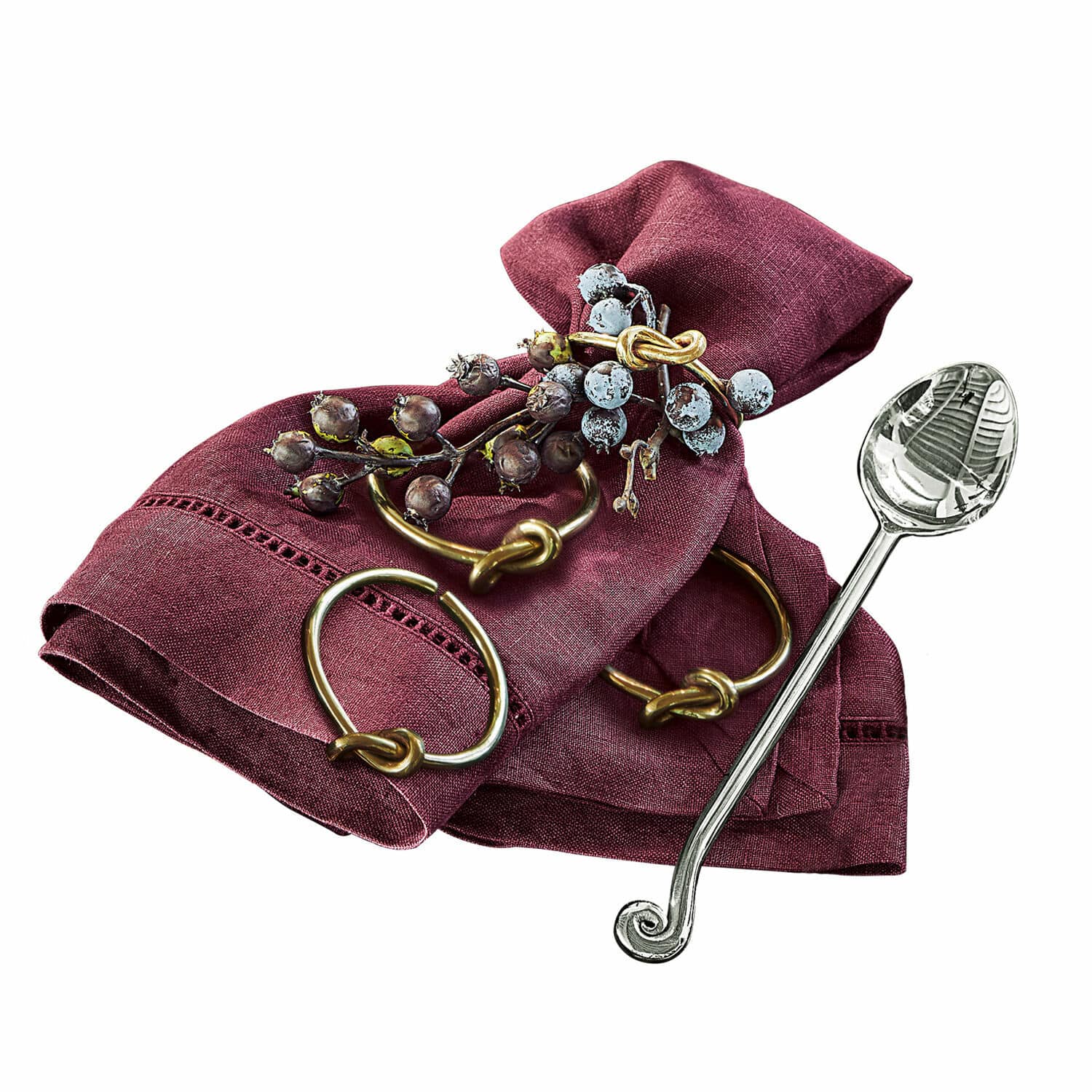 Servetring set van 4 Motje Bordeaux linnen servet met messing ring en bessendecoratie voor de tafel