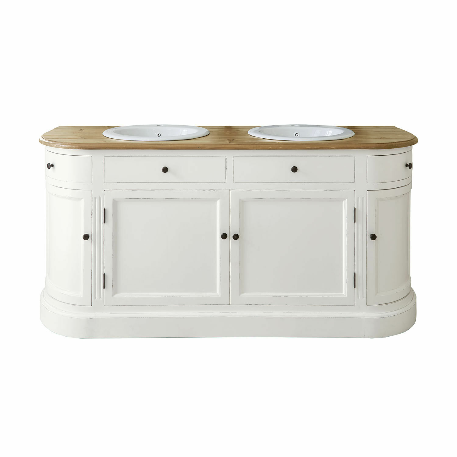 Witte badkamerkast met twee witte wastafels en een licht houten blad