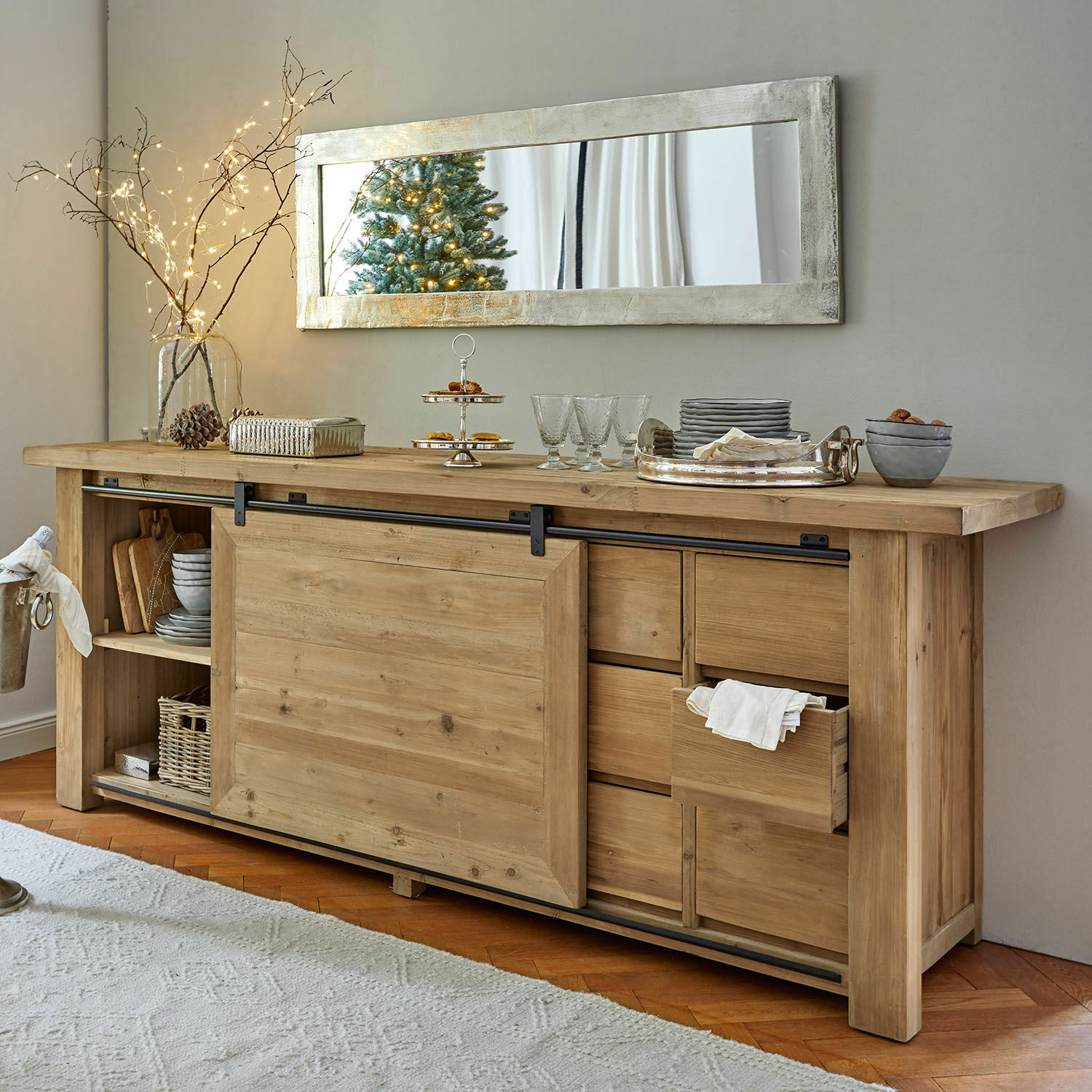 Dressoir Orleans Houten dressoir met schuifdeuren en lades in natuurlijke kleur voor woonkamer