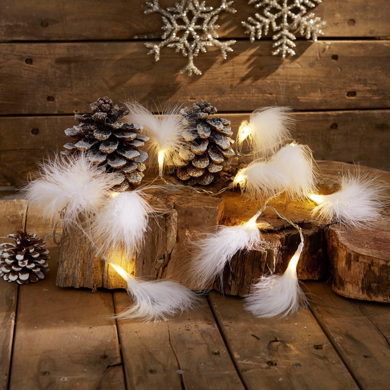 Lichtsnoer set van 2 Forres Lichtsnoer met witte veren op houten achtergrond met dennenappels en winterdecoratie